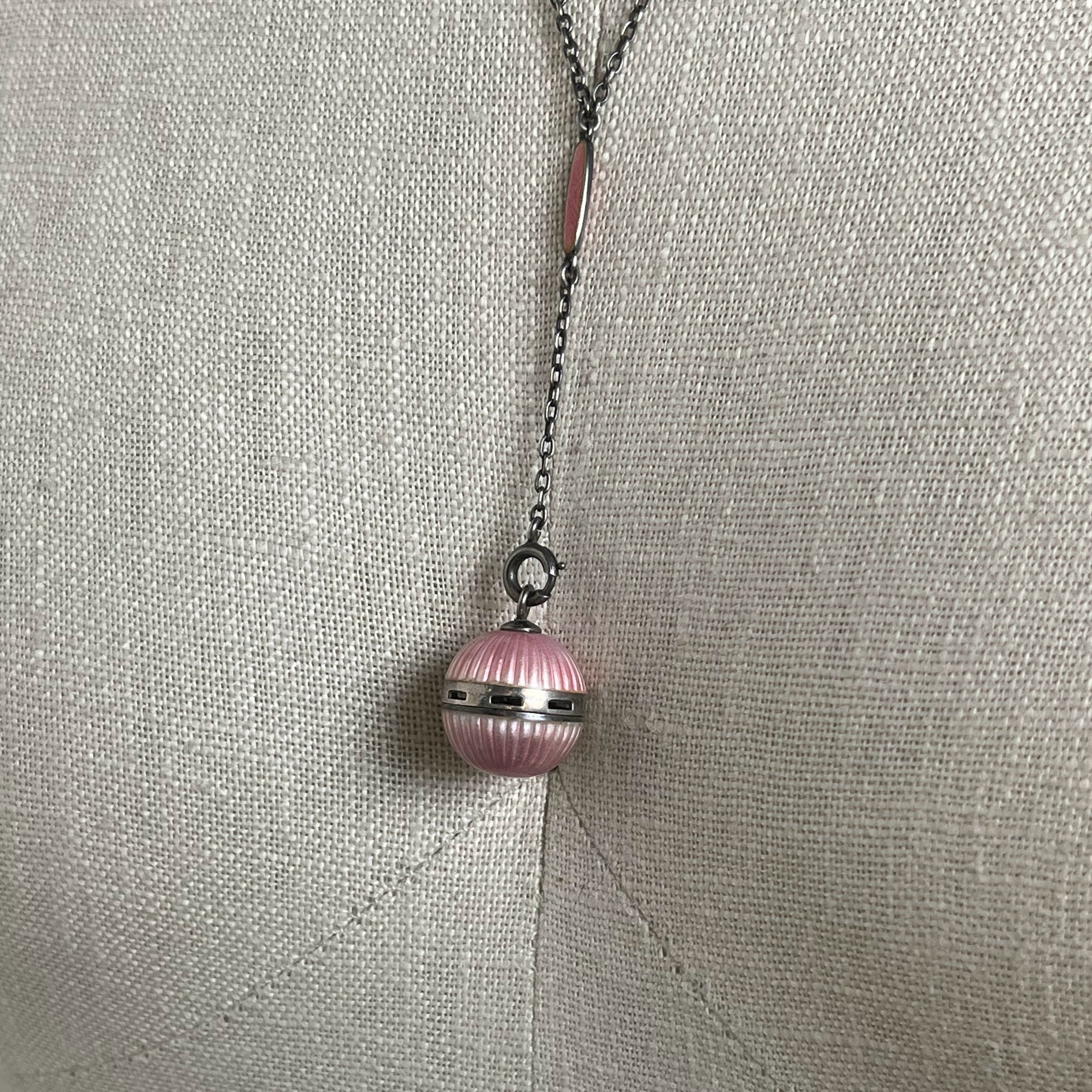 c. 1910s Pink Guilloche Enamel Vinaigrette Necklace