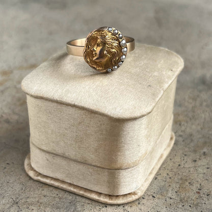 Early 20th c. Art Nouveau Crescent Moon Lady 10k Gold Ring