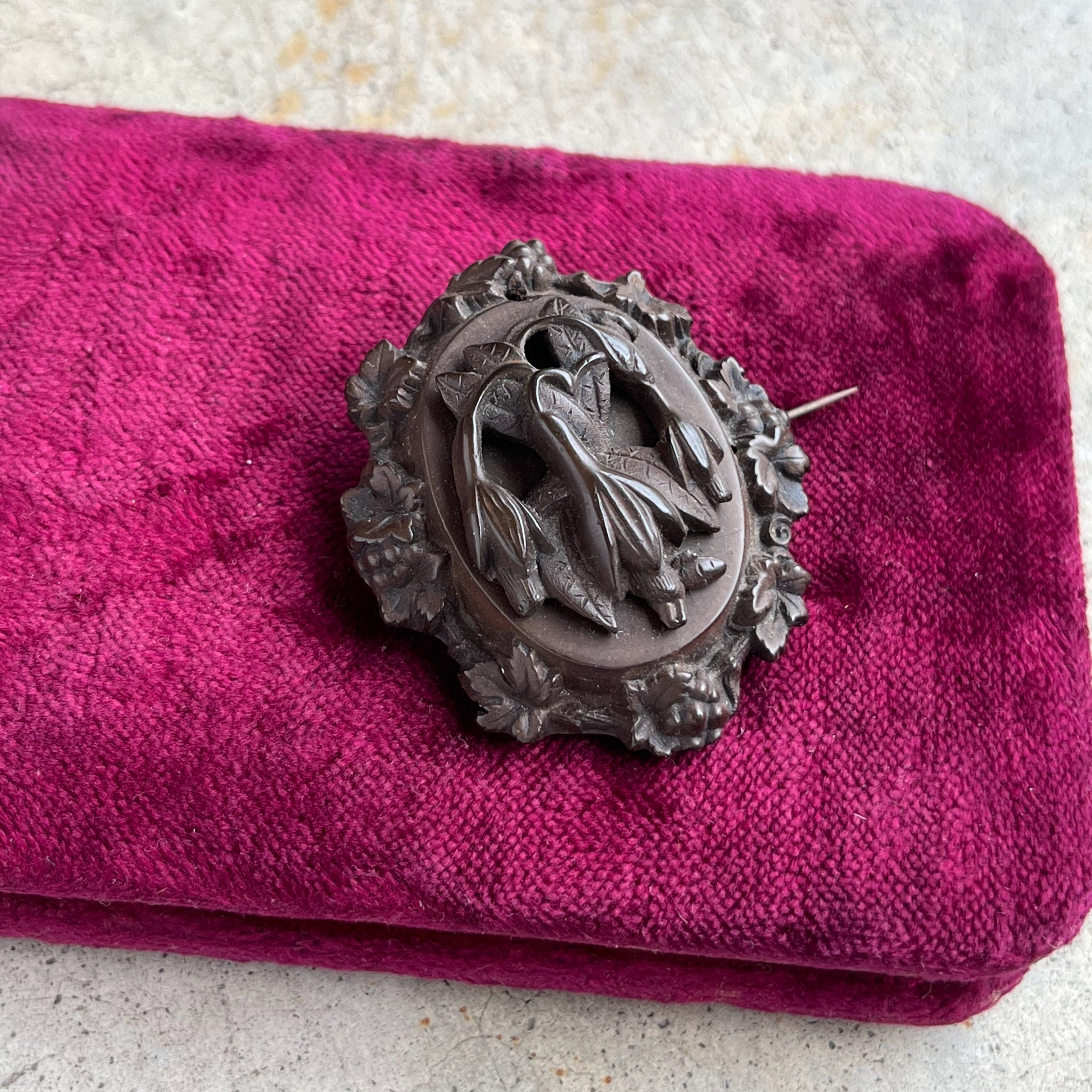 Mid 19th c. Gutta Percha Fuchsia Flower Brooch