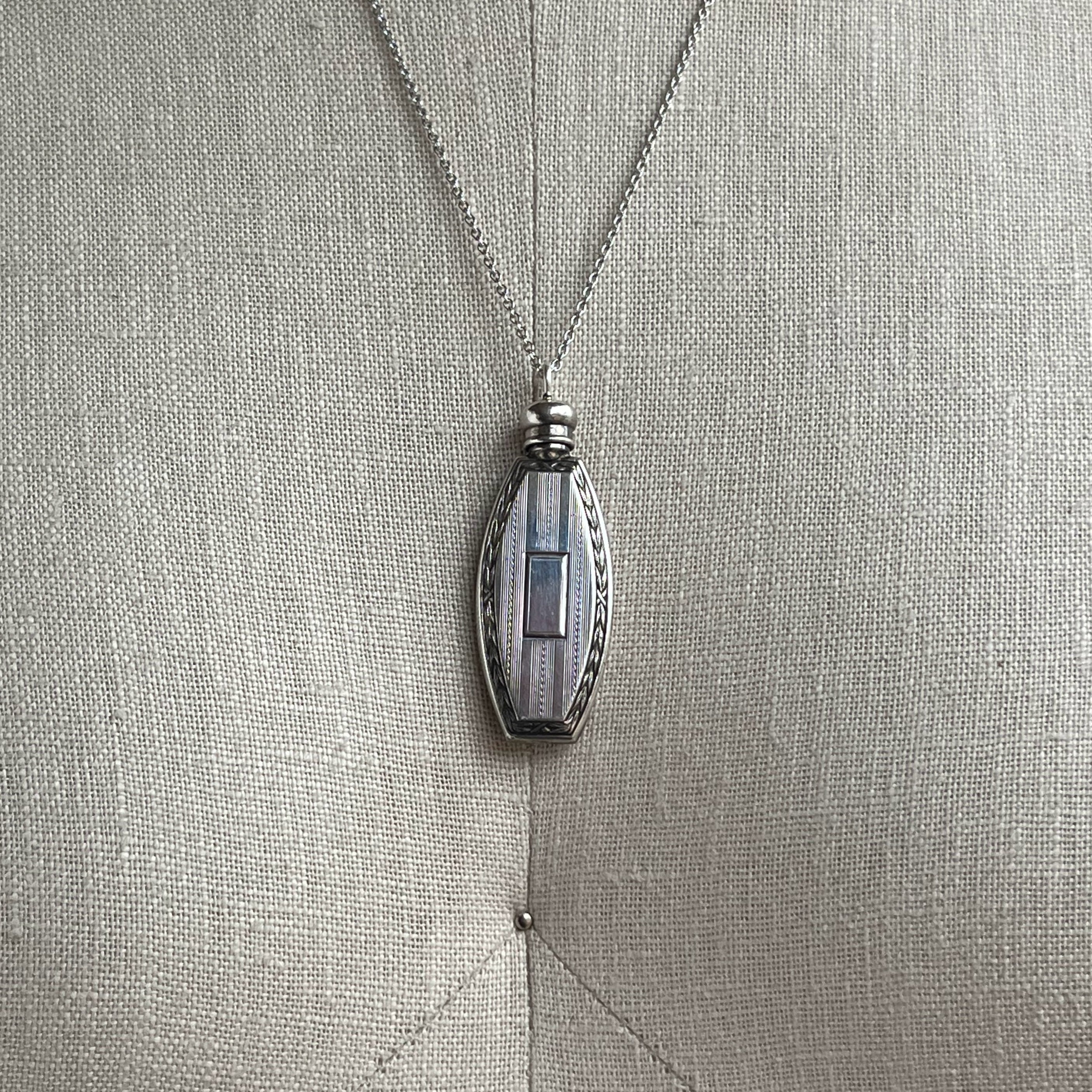 Art Deco Sterling Silver Perfume Bottle Necklace | 20" Chain