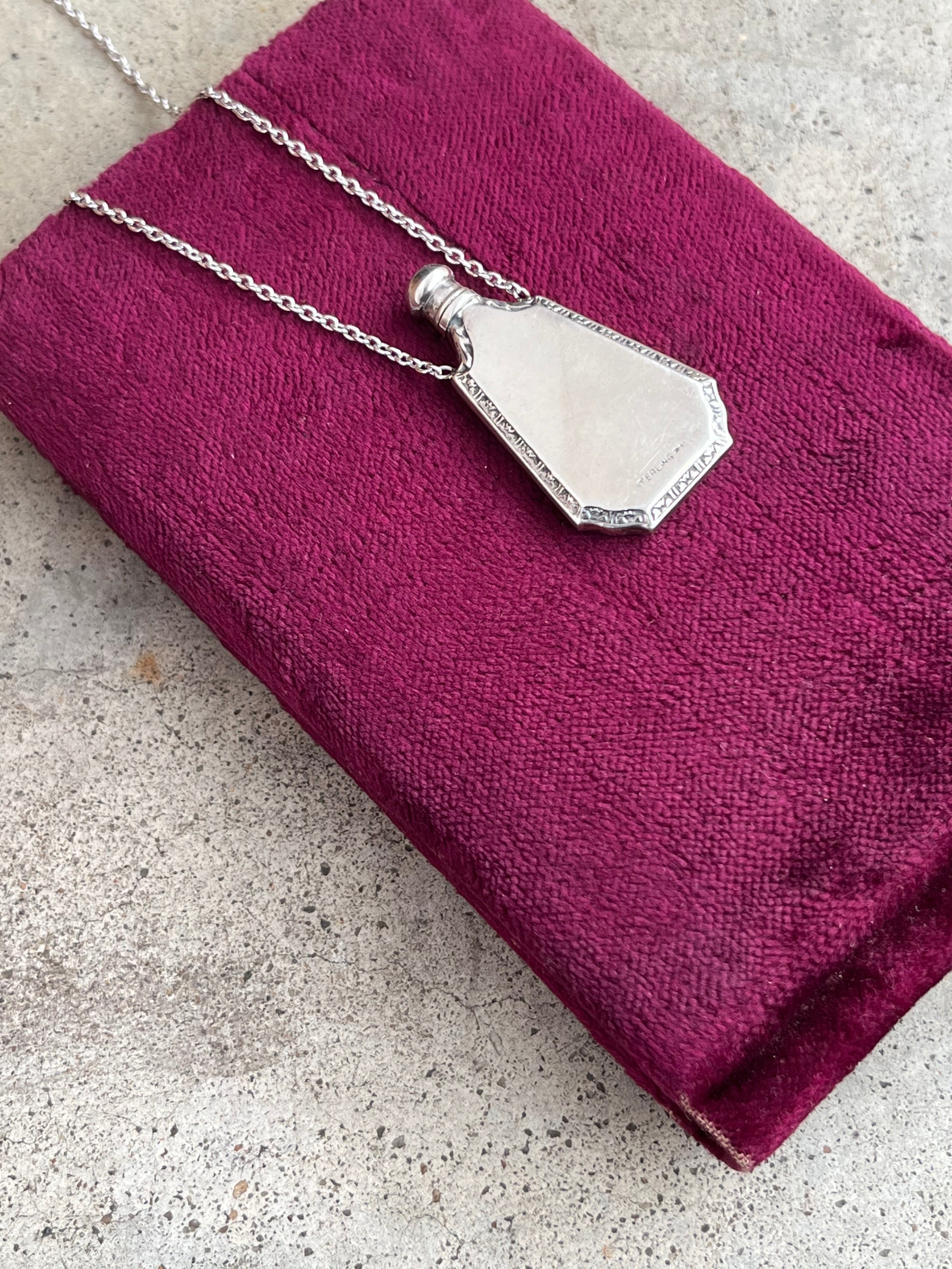 Art Deco Sterling Silver Perfume Bottle Necklace | 18" Chain
