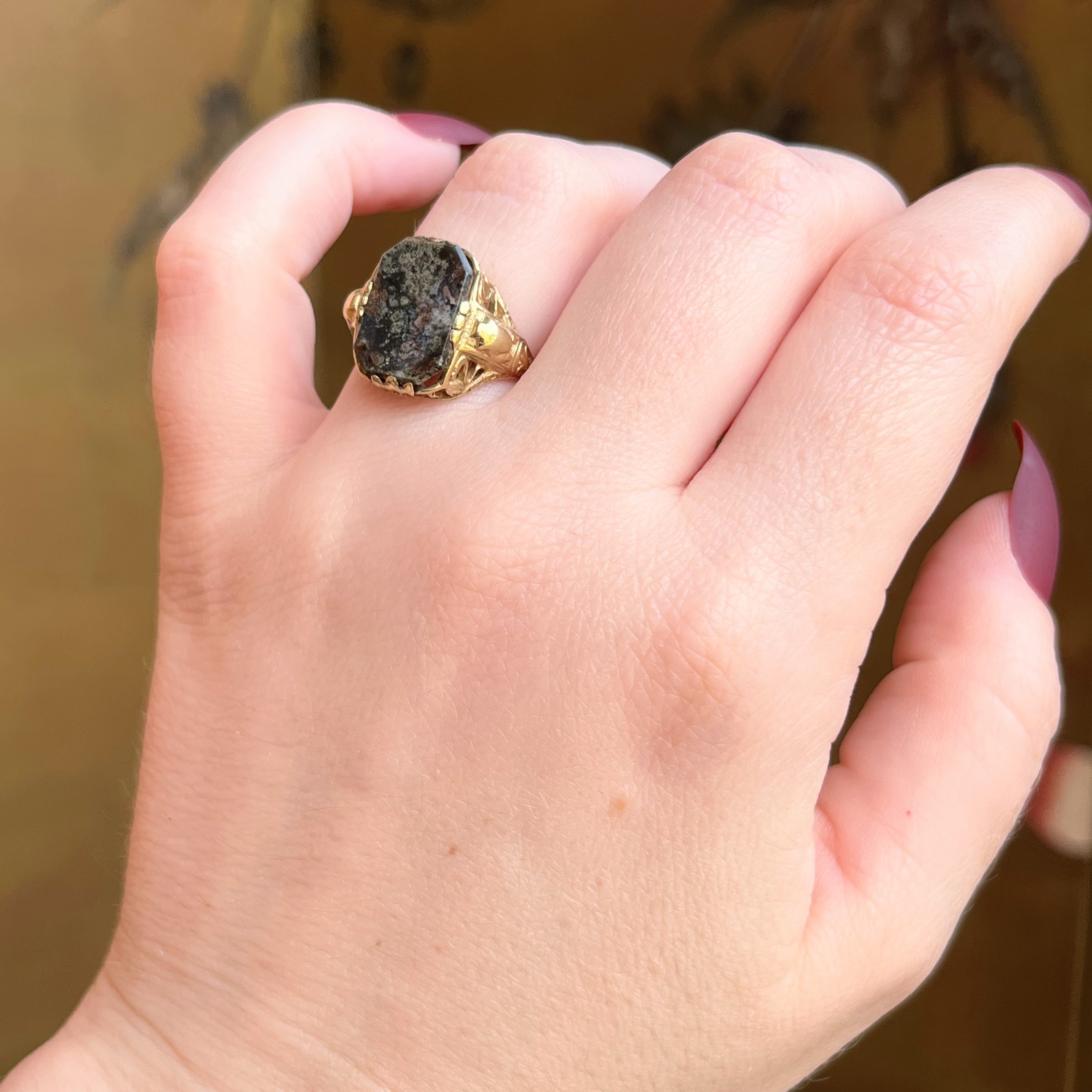 c. 1910s-1920s 14k Gold Petrified Wood Ring