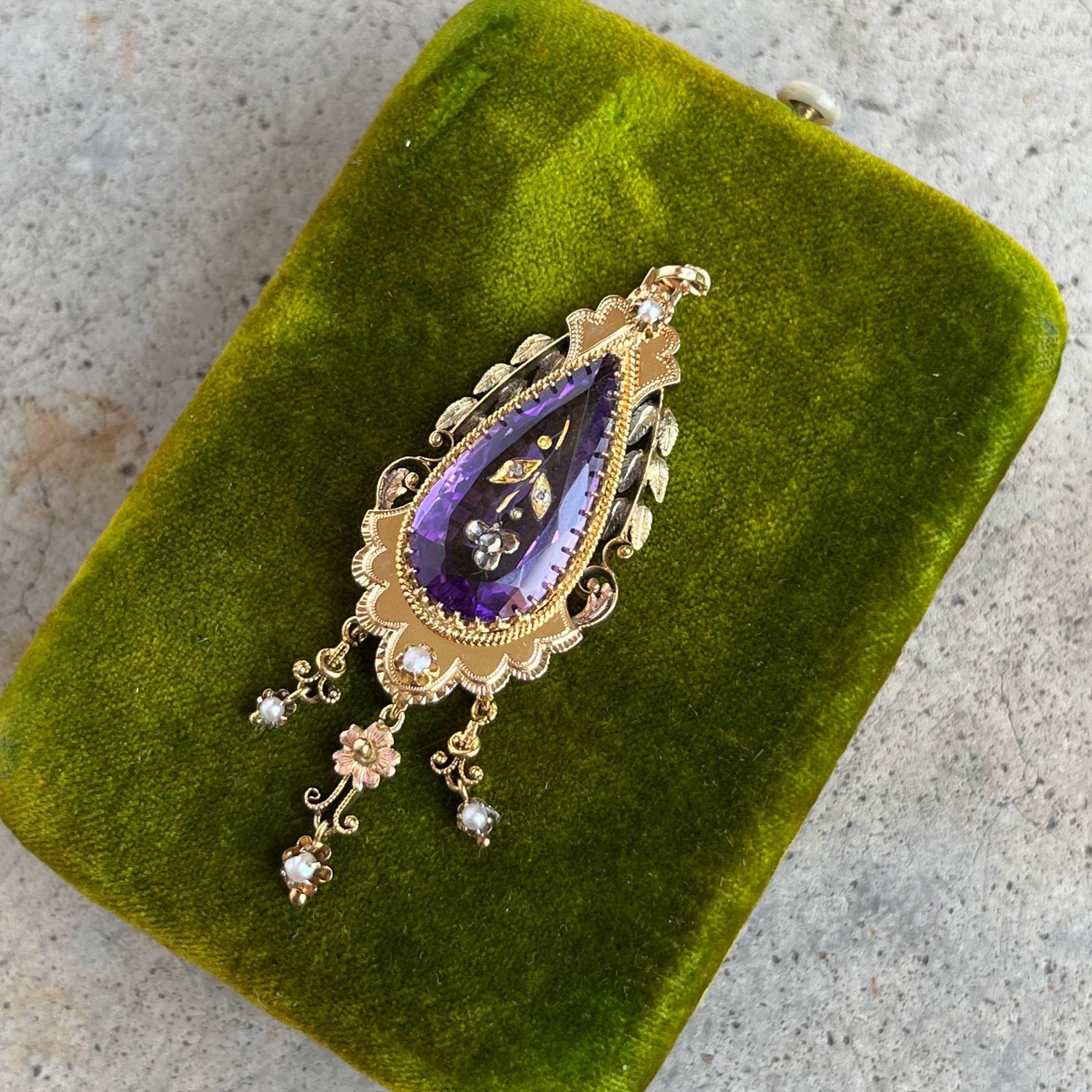 c. 1870s-1880s Rose of Sharon 14k Gold Amethyst Diamond Pendant
