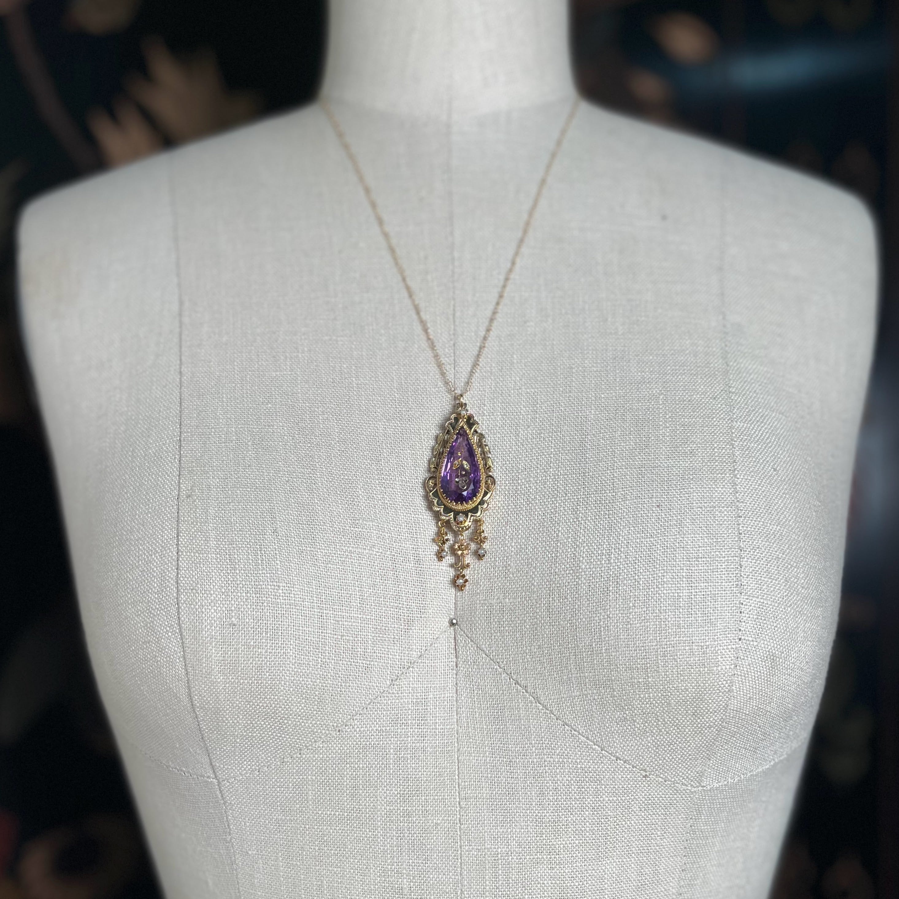 c. 1870s-1880s Rose of Sharon 14k Gold Amethyst Diamond Pendant