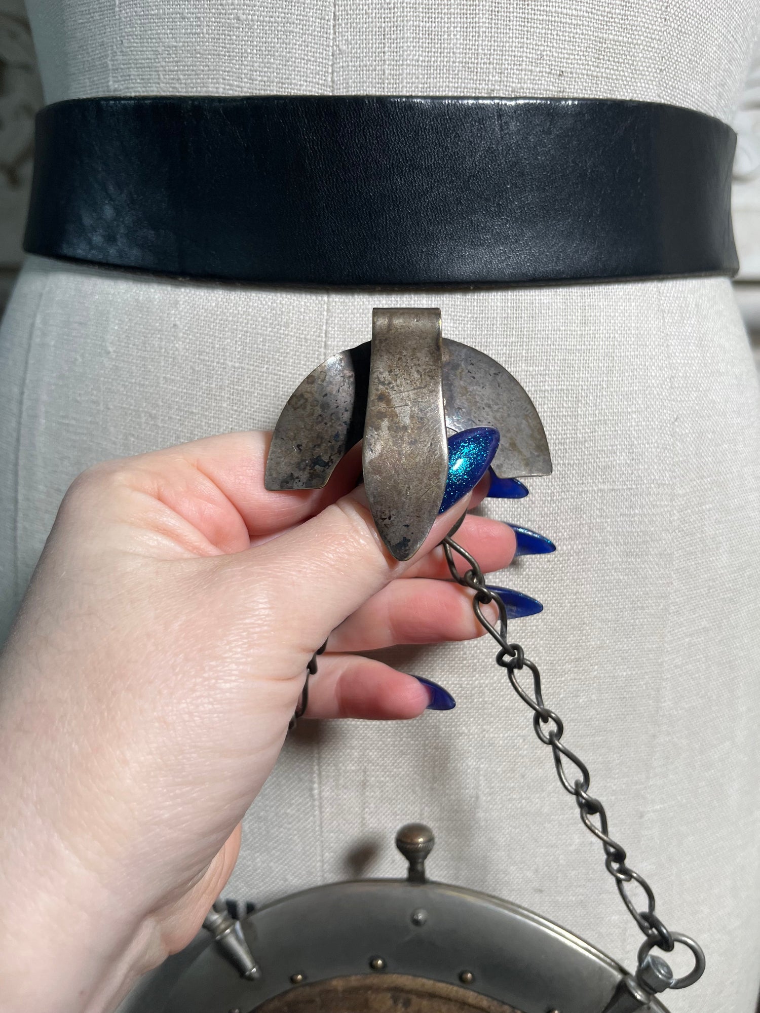 c. 1900 Cut Steel Beaded Snake Chatelaine Purse