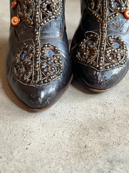 c. 1910s Studded Leather Cutout Boots