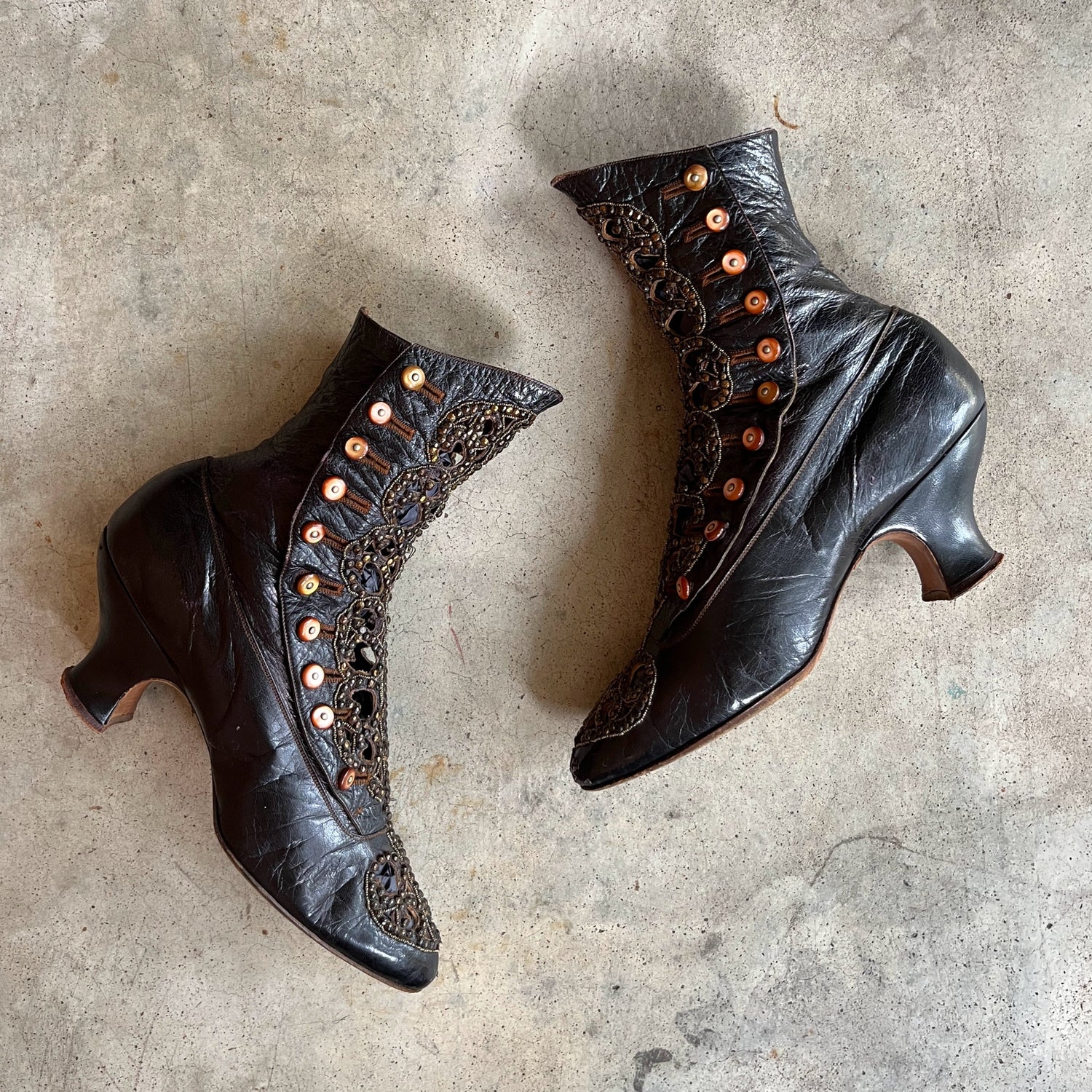 c. 1910s Studded Leather Cutout Boots