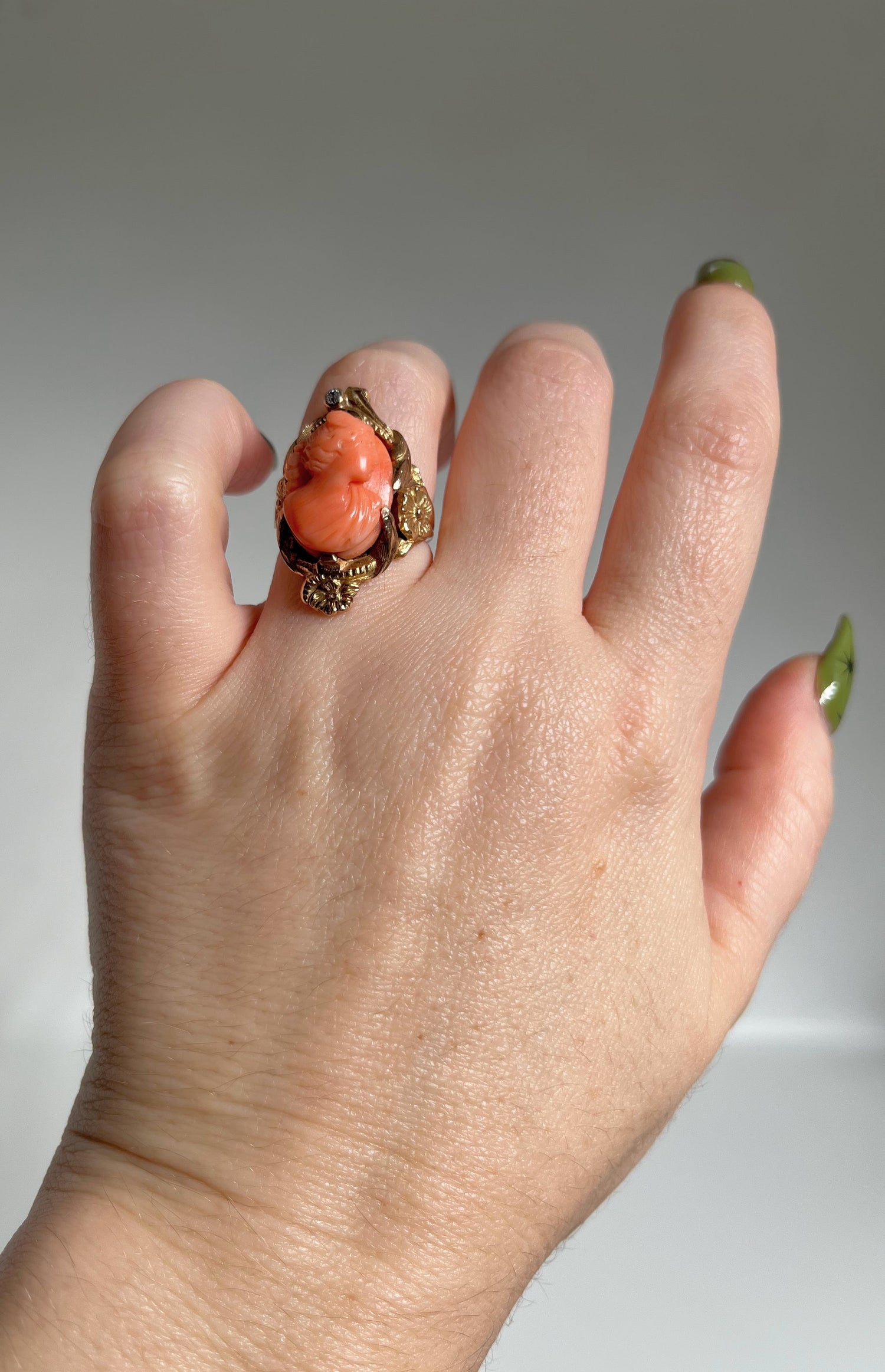 c. 1910s Coral Cameo 12k Gold Diamond Ring