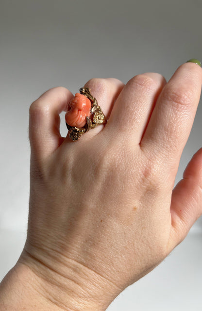 c. 1910s Coral Cameo 12k Gold Diamond Ring