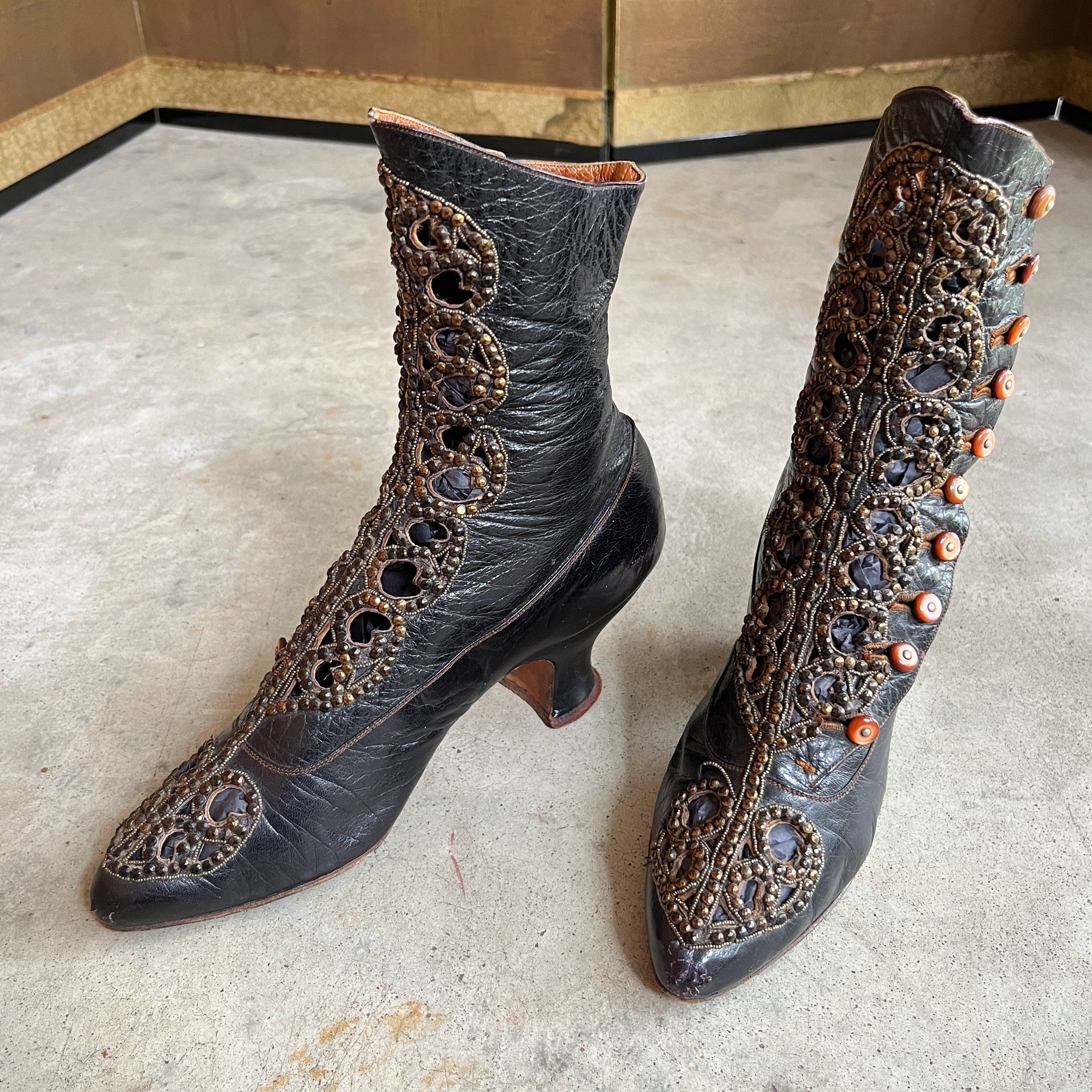 c. 1910s Studded Leather Cutout Boots
