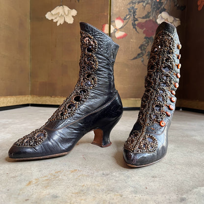 c. 1910s Studded Leather Cutout Boots