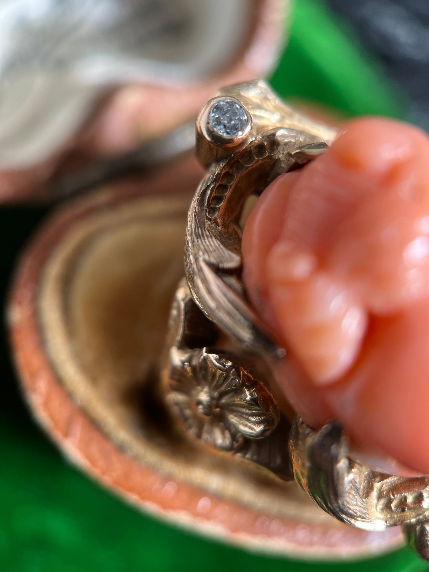 c. 1910s Coral Cameo 12k Gold Diamond Ring
