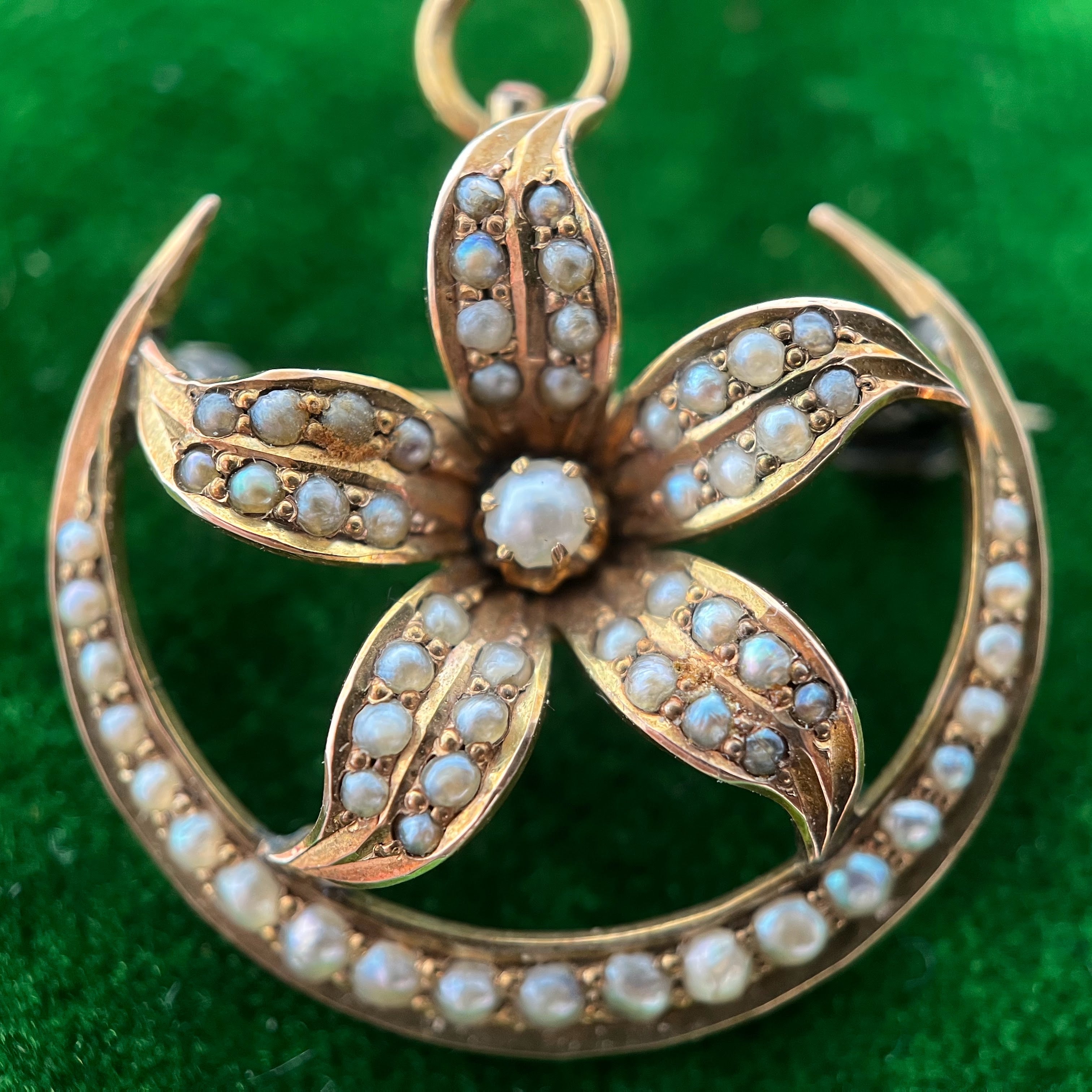 Early 20th c. 14k Gold Moon Flower Brooch + Pendant