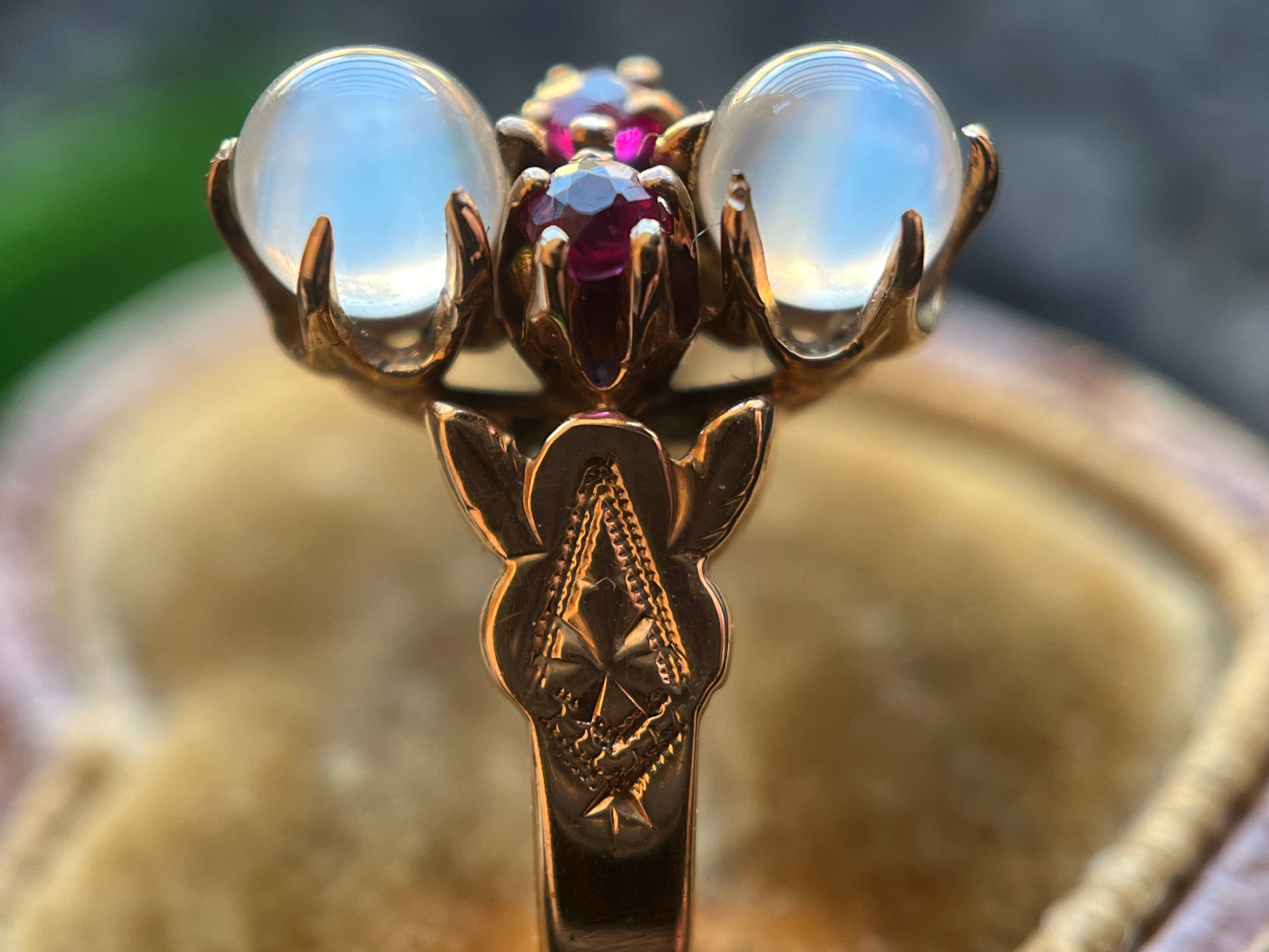 c. 1880s-1890s 10k Gold Moonstone Ruby Ring
