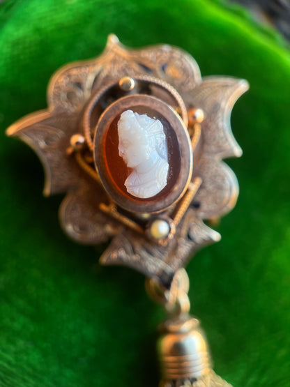 RESERVED for Jen | c. 1870s 14k Gold Hardstone Cameo Brooch + Pendant