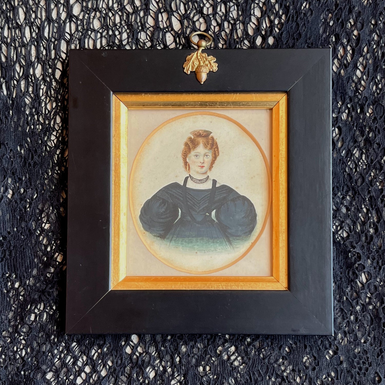 1830s Framed Miniature Portrait Painting | Signed J. Wood 1832
