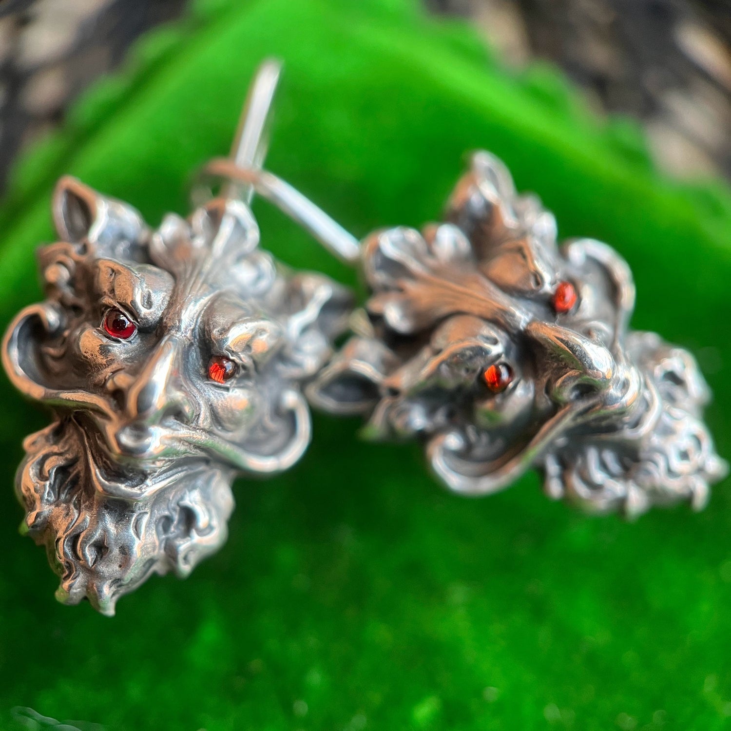 c. 1900s Sterling Silver Green Man Earrings | Converted from Cufflinks