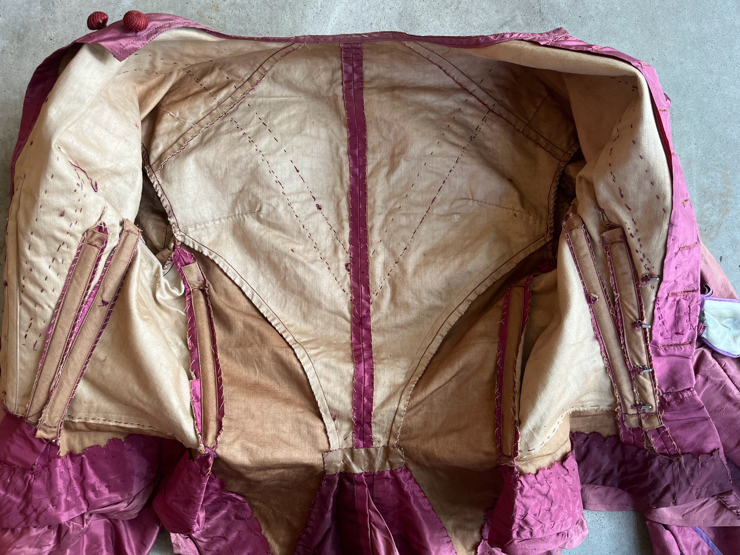 c. Late 1860s-Early 1870s Pink + Purple Silk Bodice