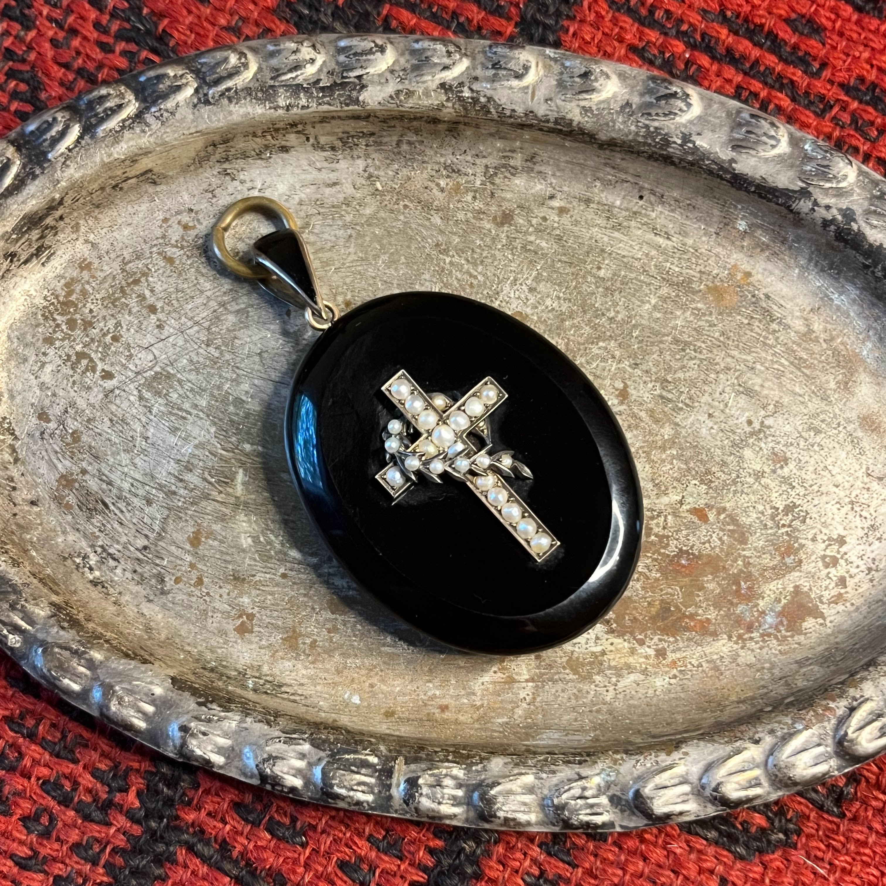 c. 1870s Seed Pearl Cross Mourning Locket