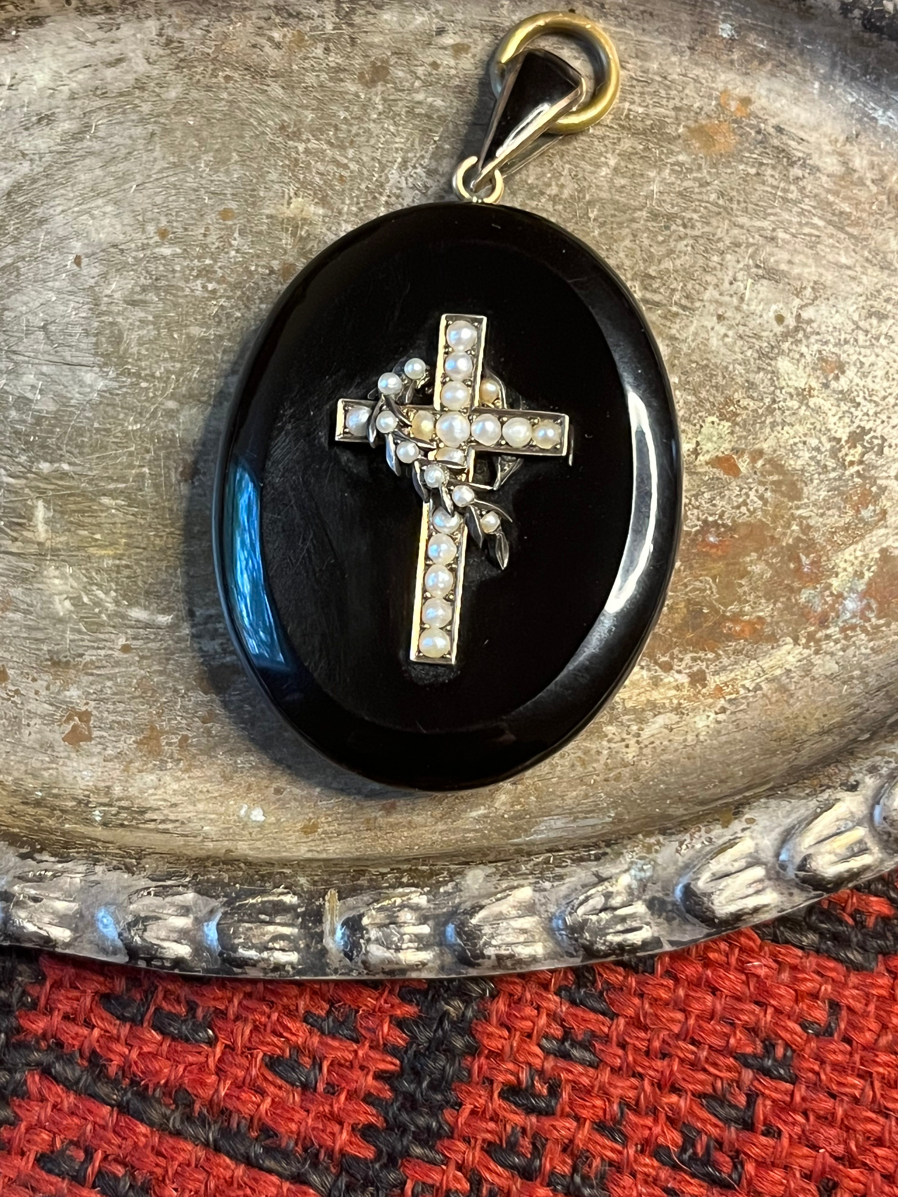 c. 1870s Seed Pearl Cross Mourning Locket