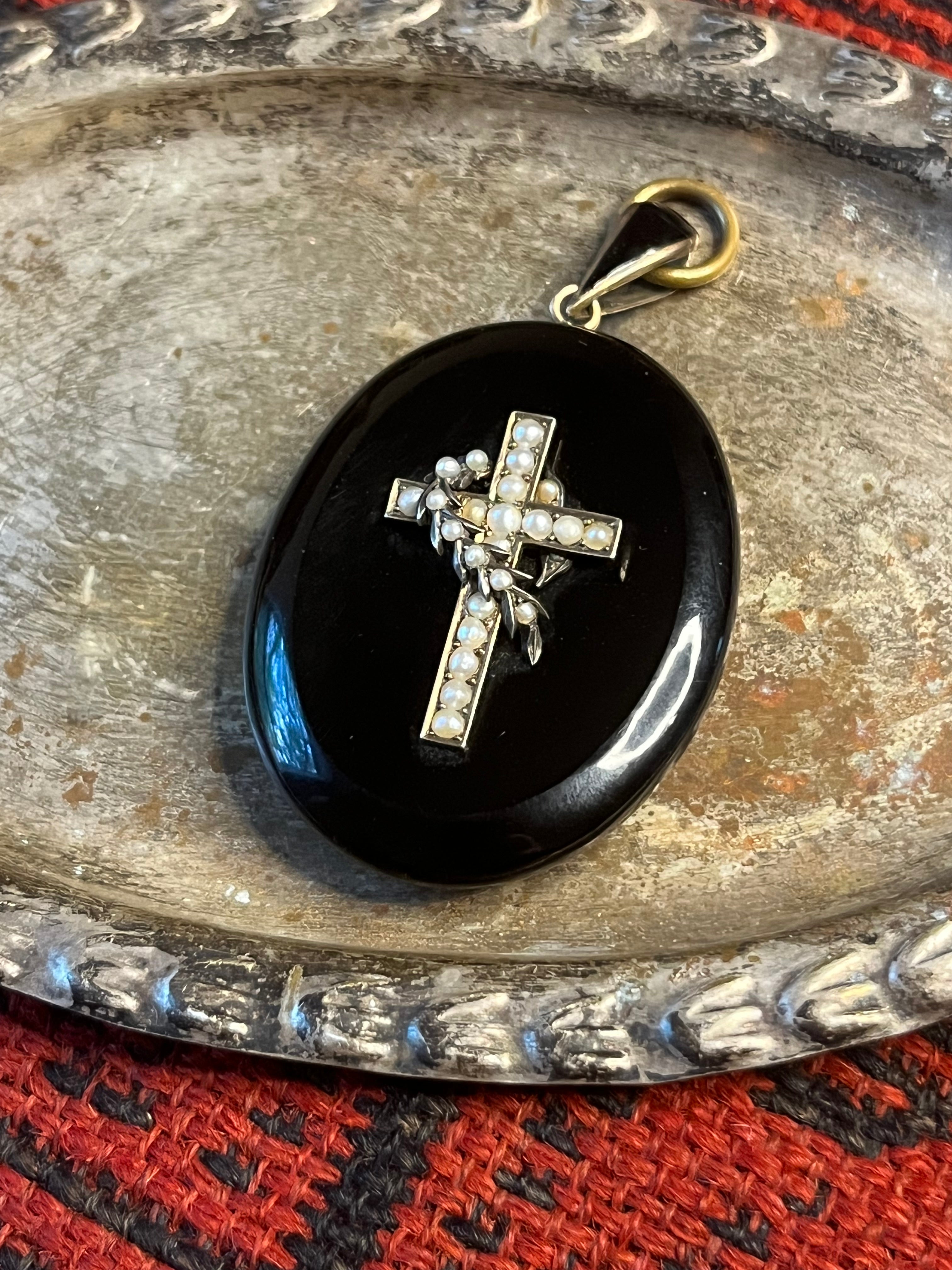 c. 1870s Seed Pearl Cross Mourning Locket