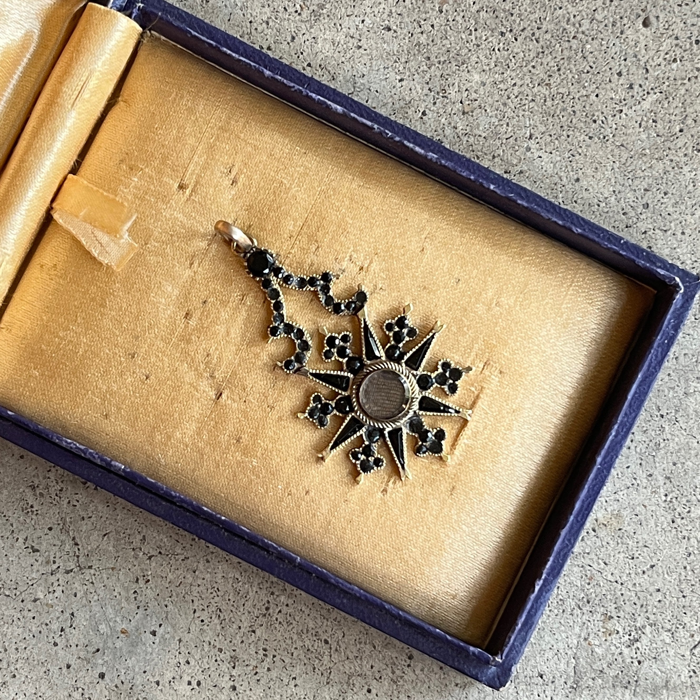 c. 1870s Crescent Moon Star 14k Gold + Onyx Hair Locket Pendant