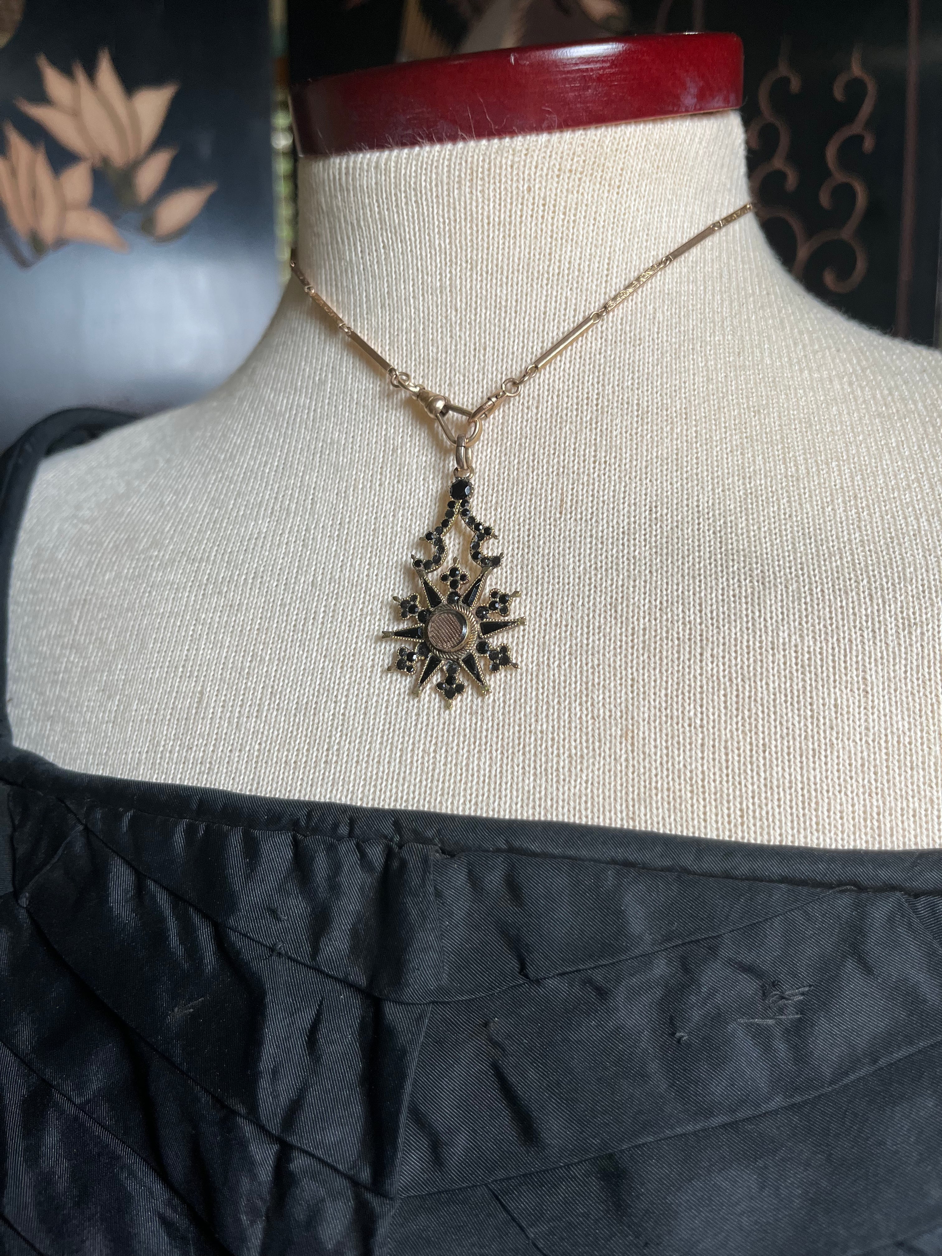 c. 1870s Crescent Moon Star 14k Gold + Onyx Hair Locket Pendant