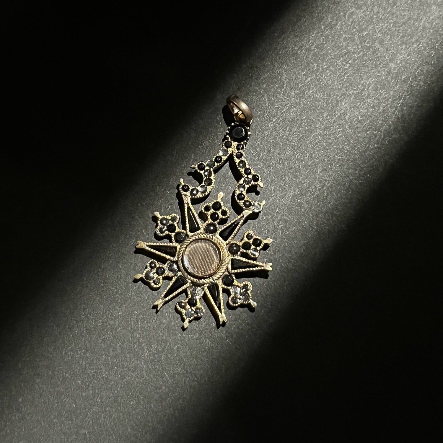 c. 1870s Crescent Moon Star 14k Gold + Onyx Hair Locket Pendant