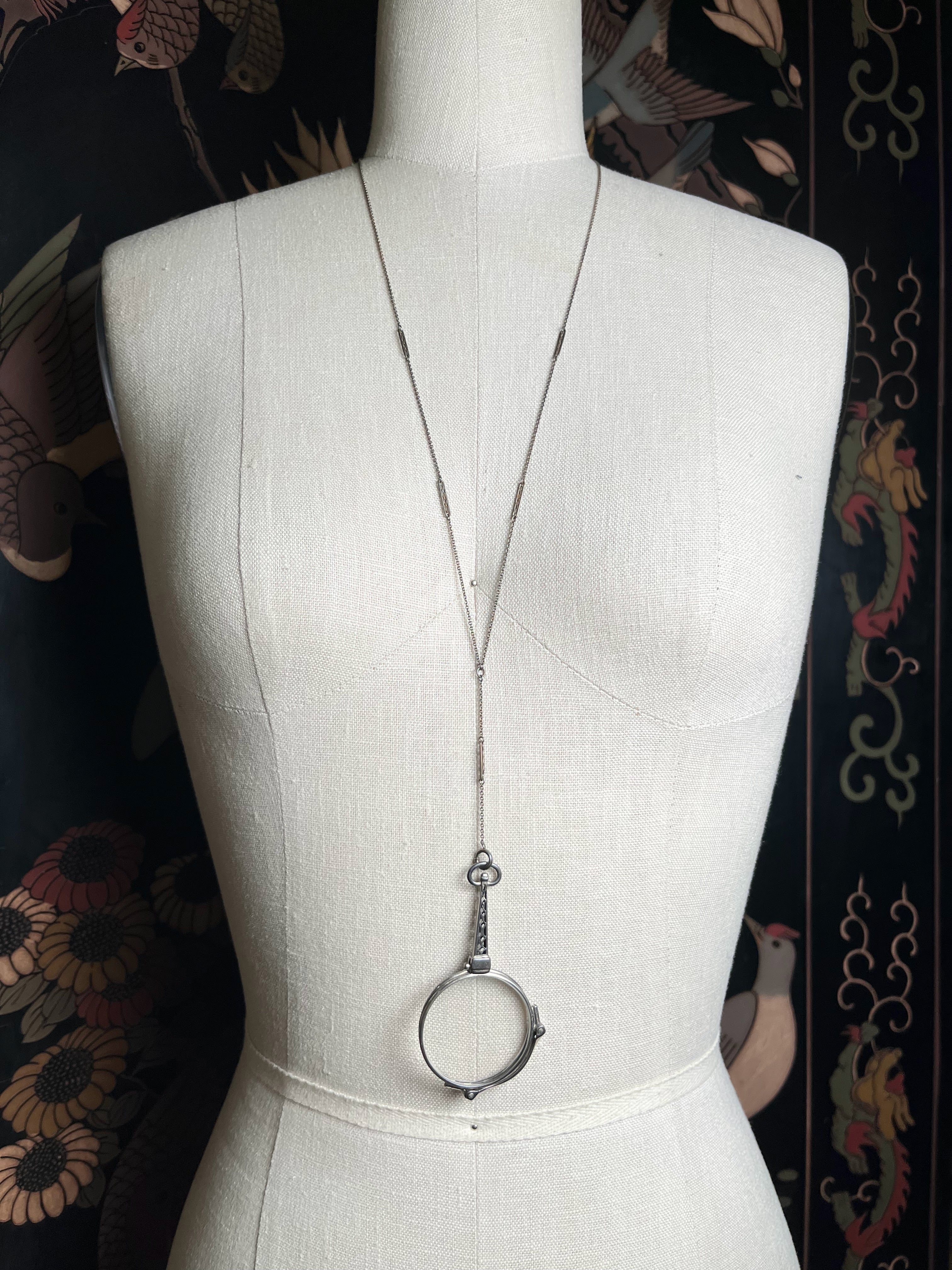 c. 1910s-1920s Sterling Silver Lorgnette + Chain