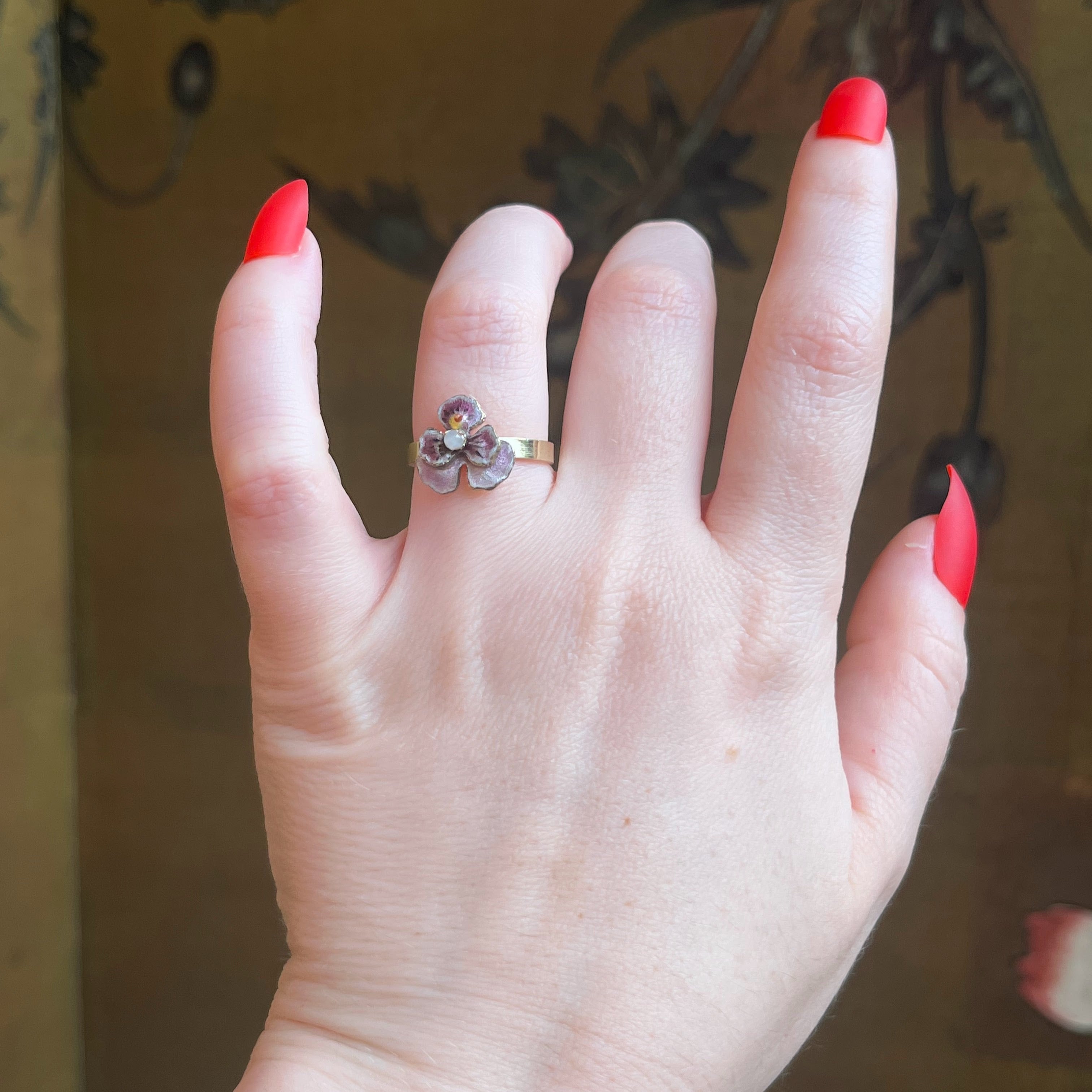 c. 1910s-1920s 10k Gold Enamel Pansy Conversion Ring