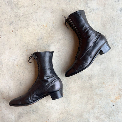 c. 1910s Black Lace Up Boots | Approx Sz 8