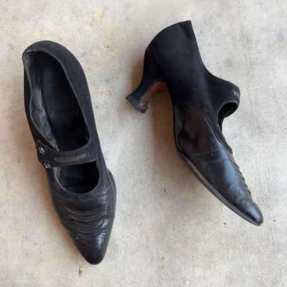 c. 1910s-1920s Black Leather Witchy Heels | Approx Sz 8.5-9