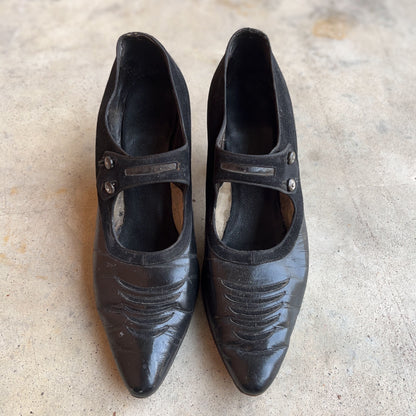 c. 1910s-1920s Black Leather Witchy Heels | Approx Sz 8.5-9