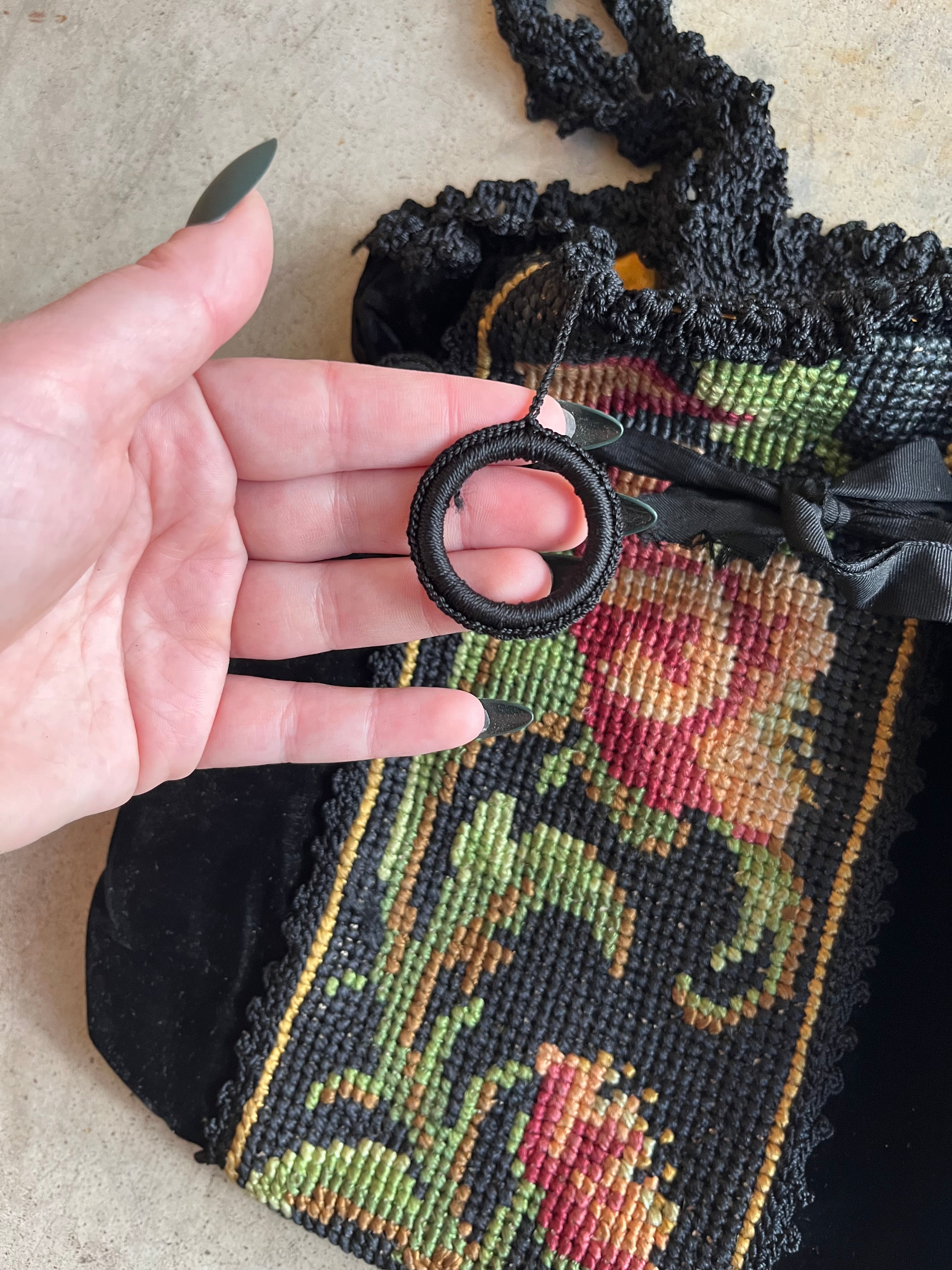 c. 1920s Needlepoint Velvet + Silk Purse