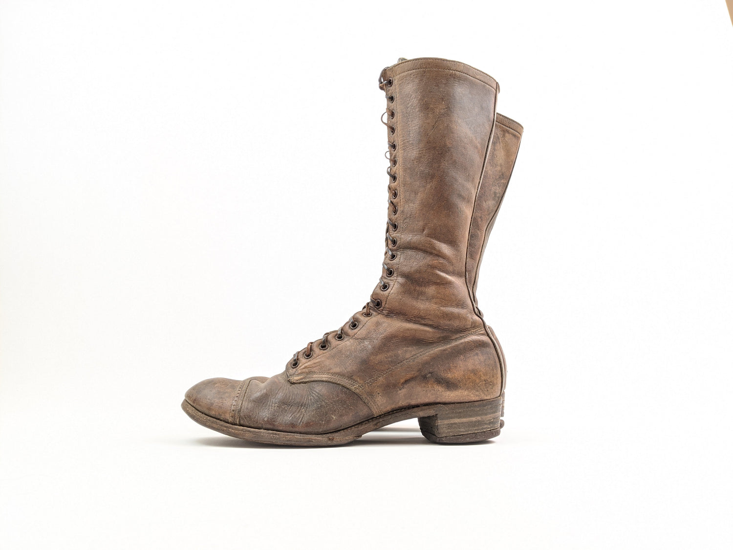 1900s-1910s Tall Brown Lace Up Boots | Approx Size 7-7.5