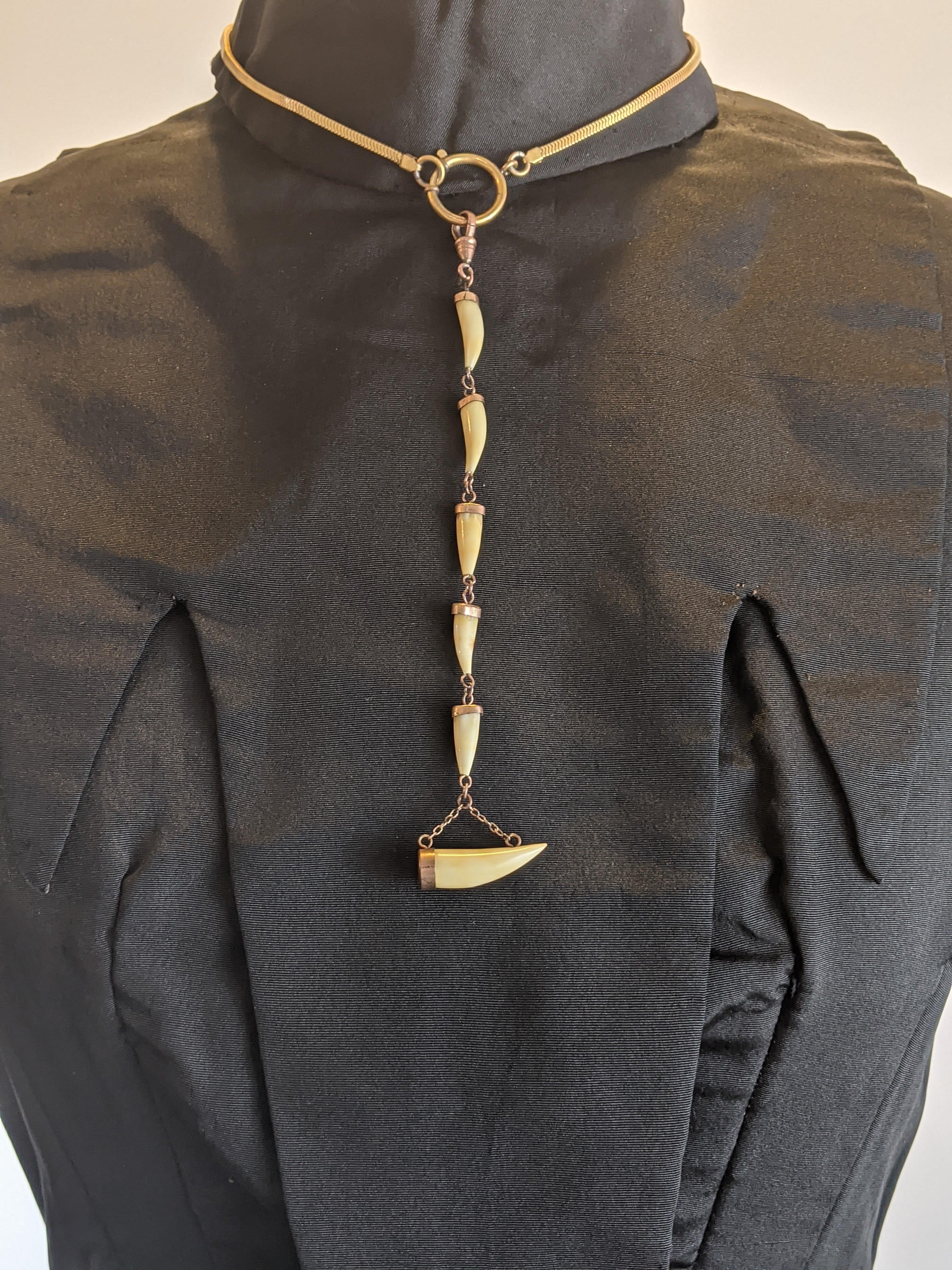 Victorian Bone Tooth Watch Fob Chain with Dog Clip
