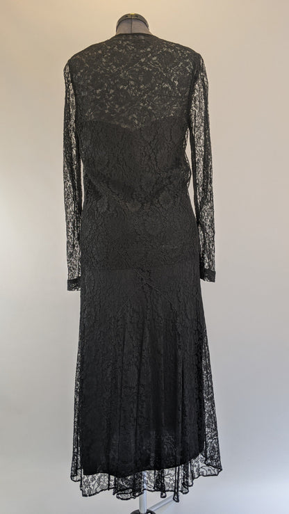 1930s Black Lace Long Sleeve Evening Gown