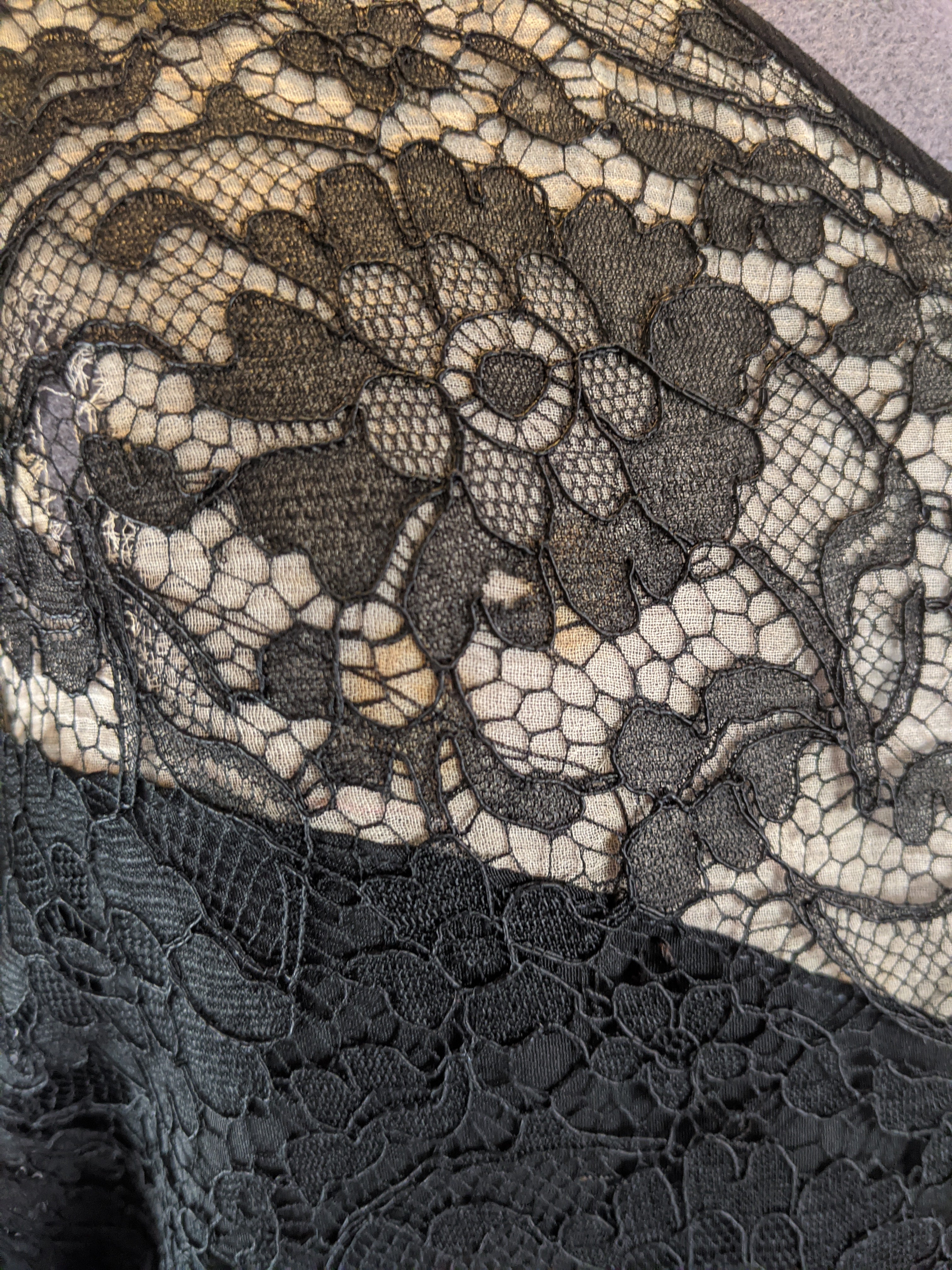 1930s Black Lace Long Sleeve Evening Gown