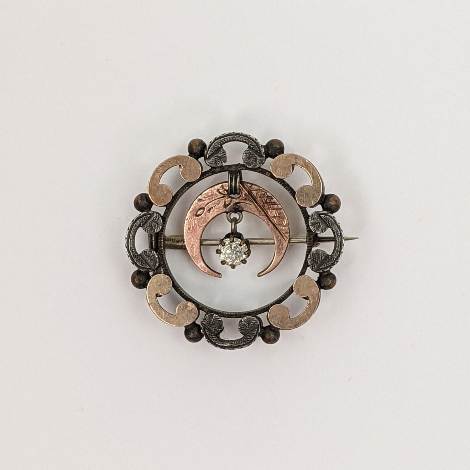 1890s Crescent Moon Brooch | Gold + Silver