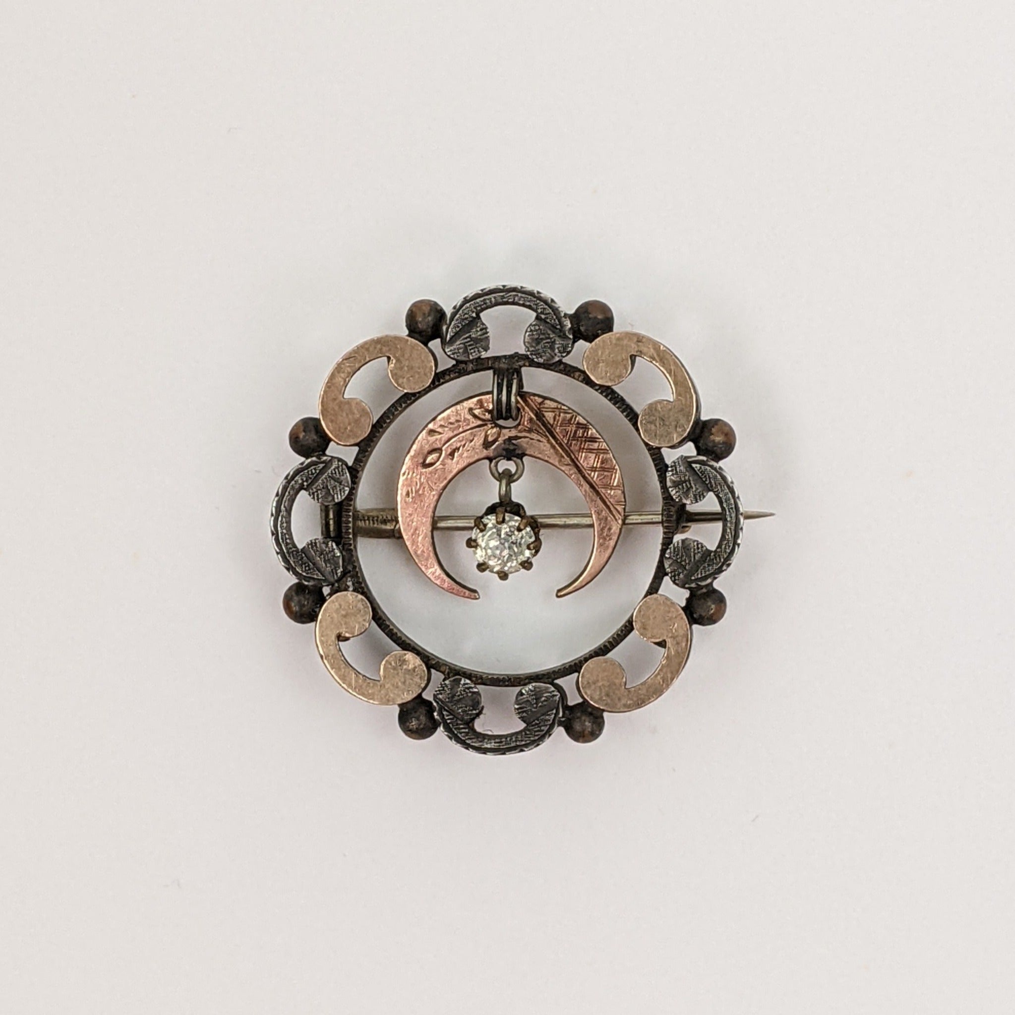 1890s Crescent Moon Brooch | Gold + Silver