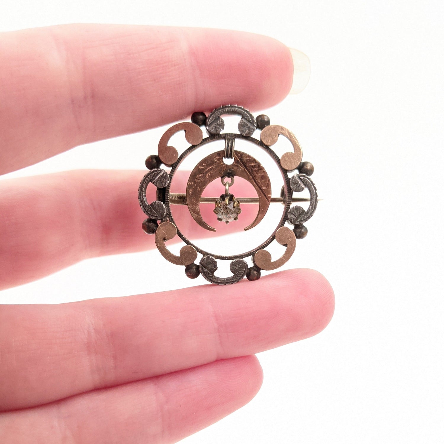 1890s Crescent Moon Brooch | Gold + Silver