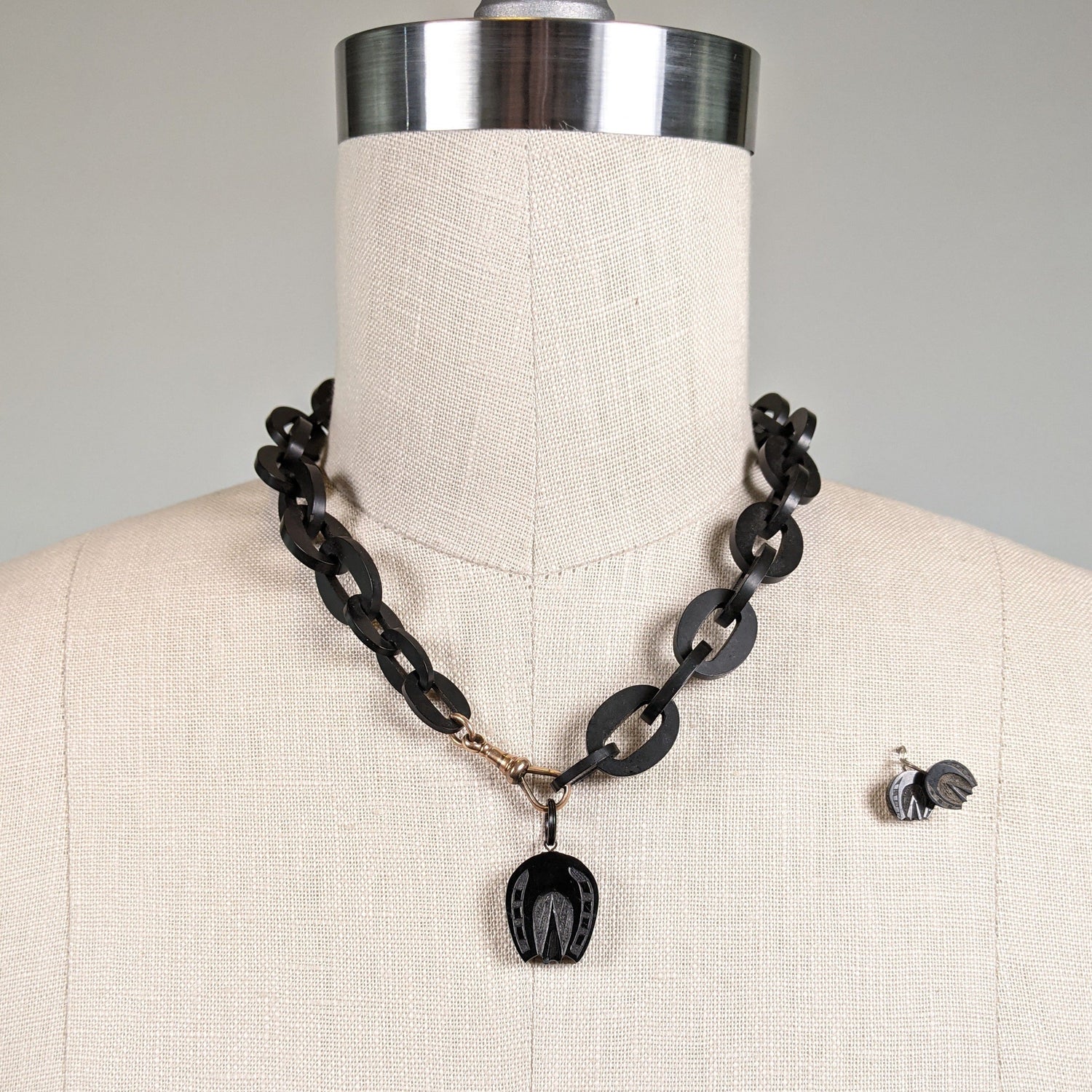 Carved Jet Horseshoe Demi-Parure Earrings + Pendant