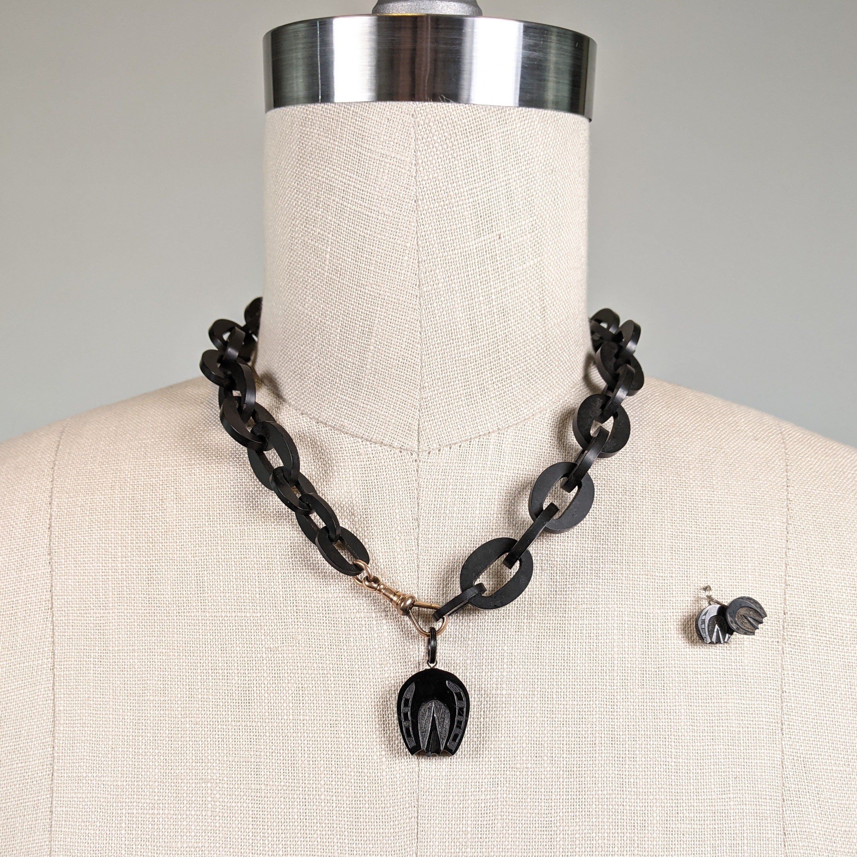 Carved Jet Horseshoe Demi-Parure Earrings + Pendant