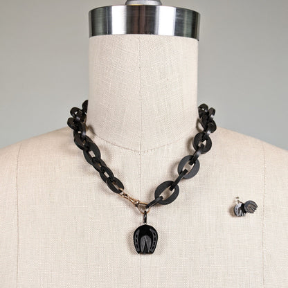 Carved Jet Horseshoe Demi-Parure Earrings + Pendant