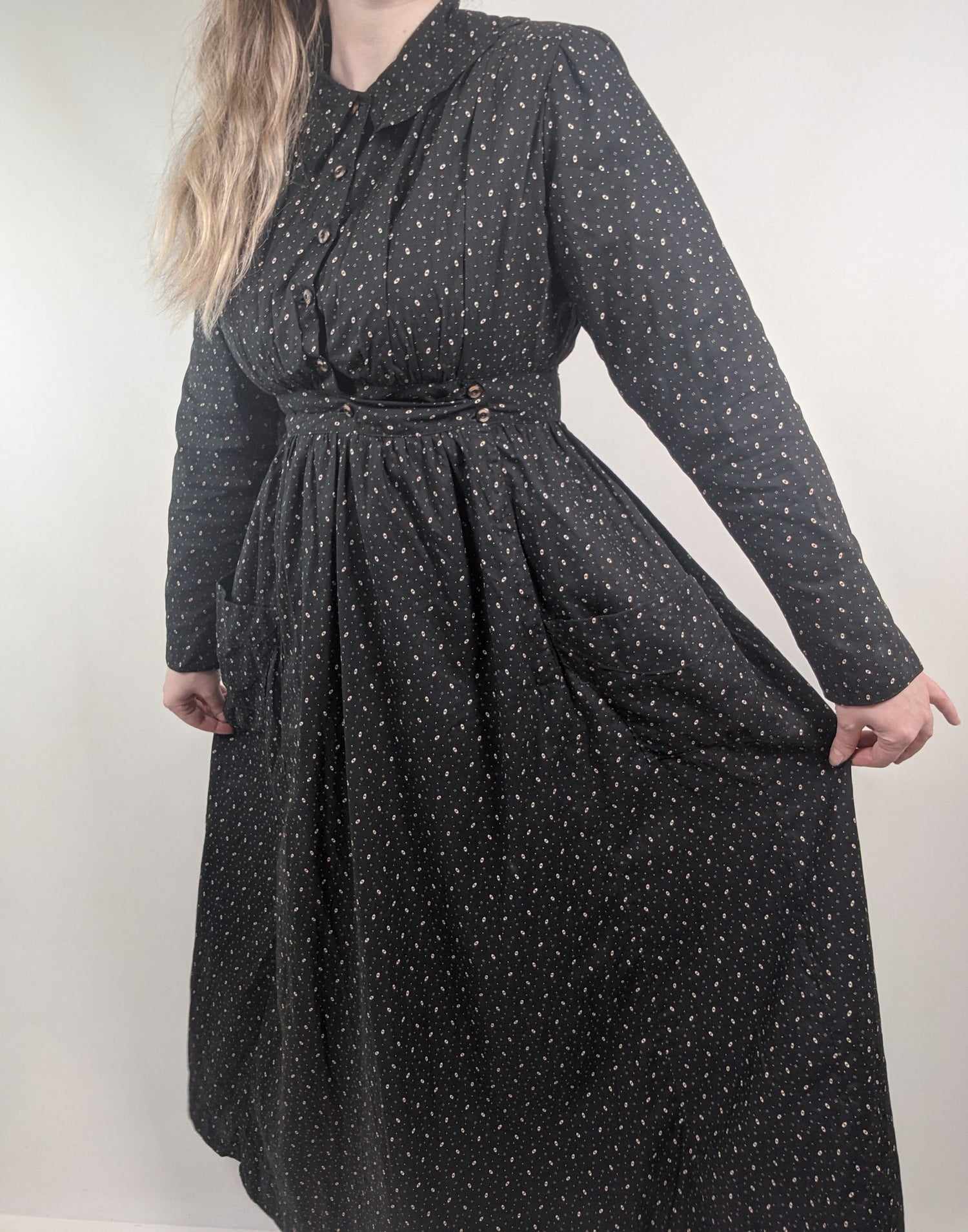 1910s Black + White Calico Dress