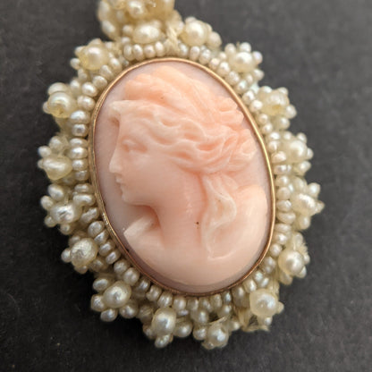 19th C. Seed Pearl Angel Skin Coral Cameo Necklace