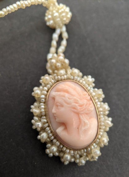 19th C. Seed Pearl Angel Skin Coral Cameo Necklace
