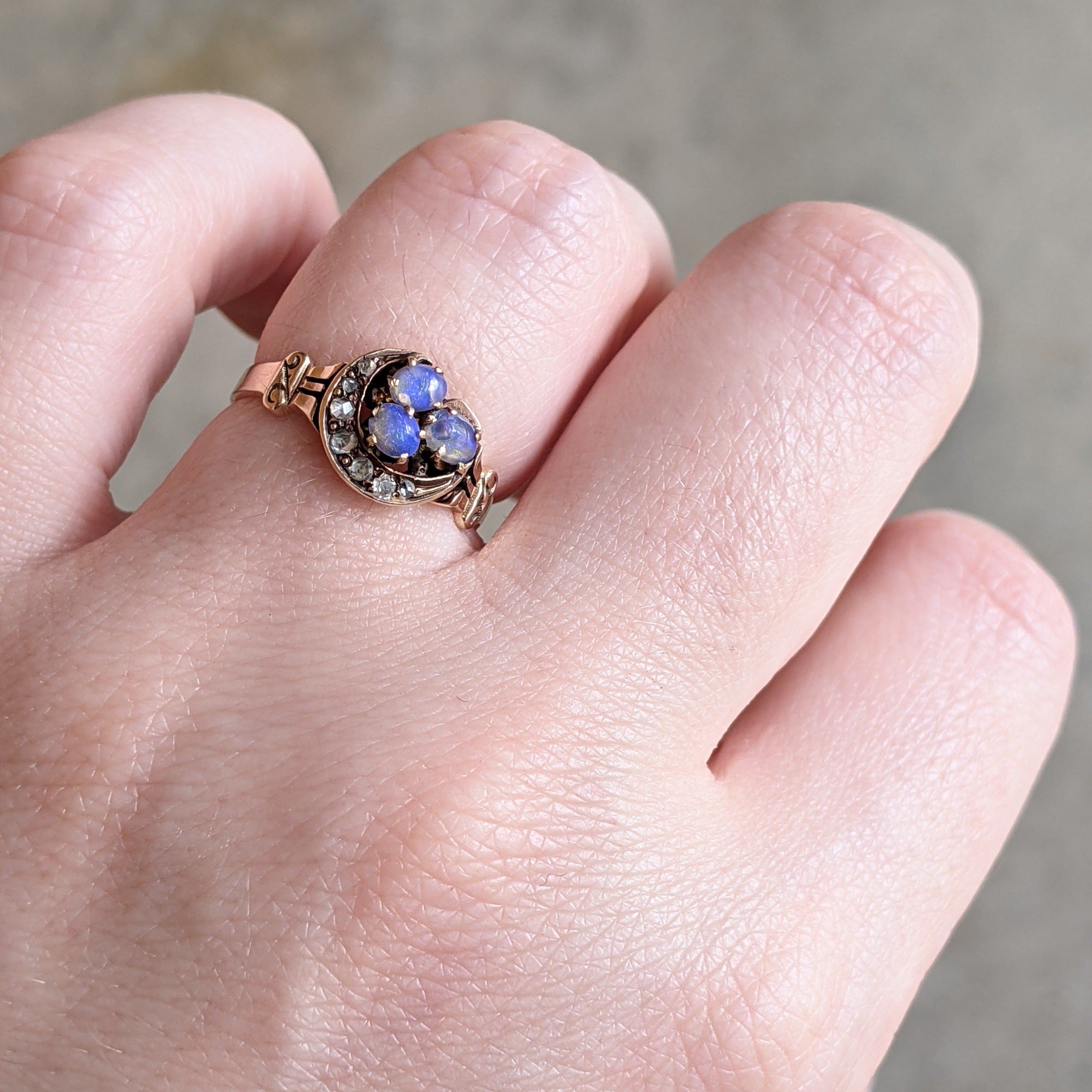 Turn of the Century 14k Diamond Opal Moon Ring