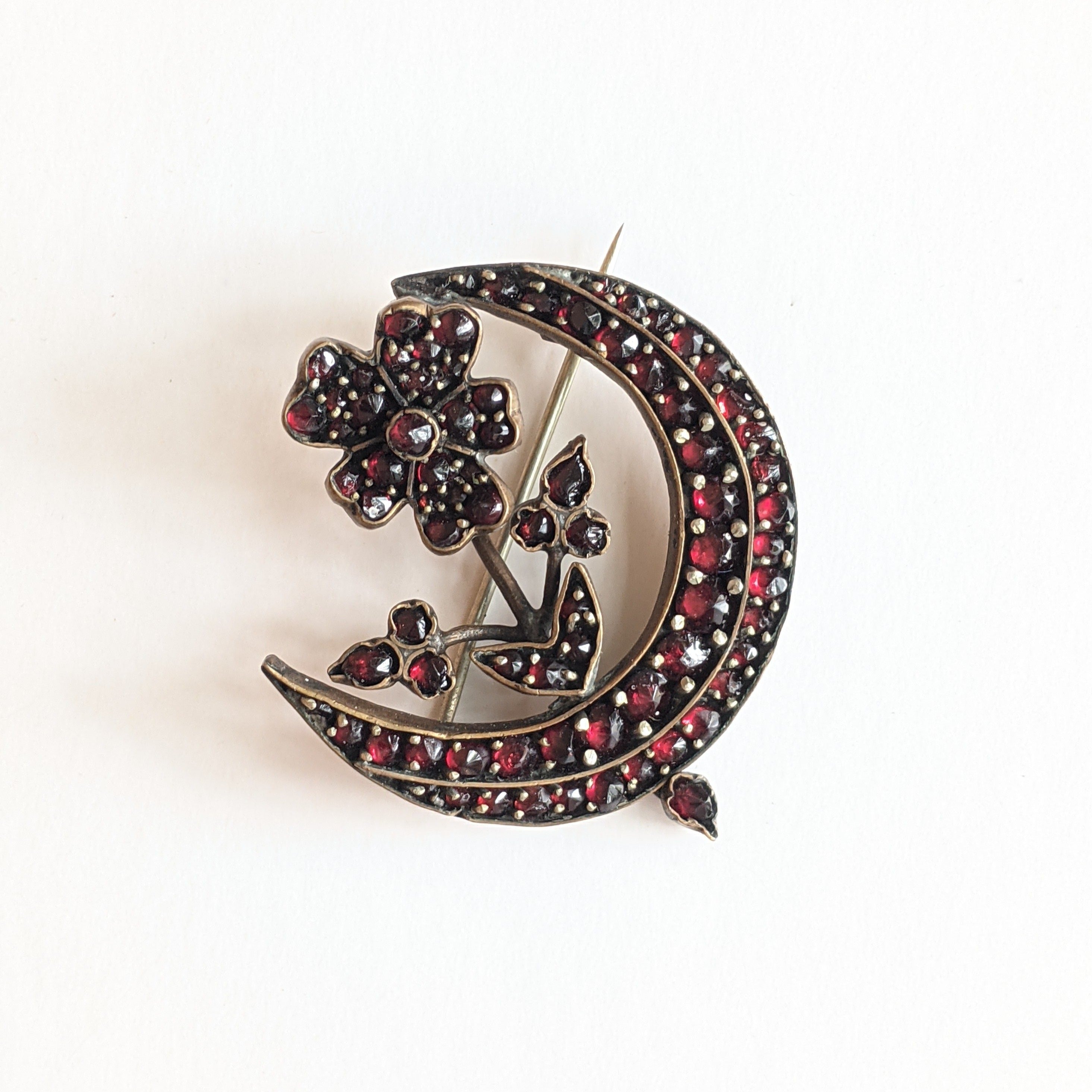 1890s Bohemian Garnet Flower Moon Brooch