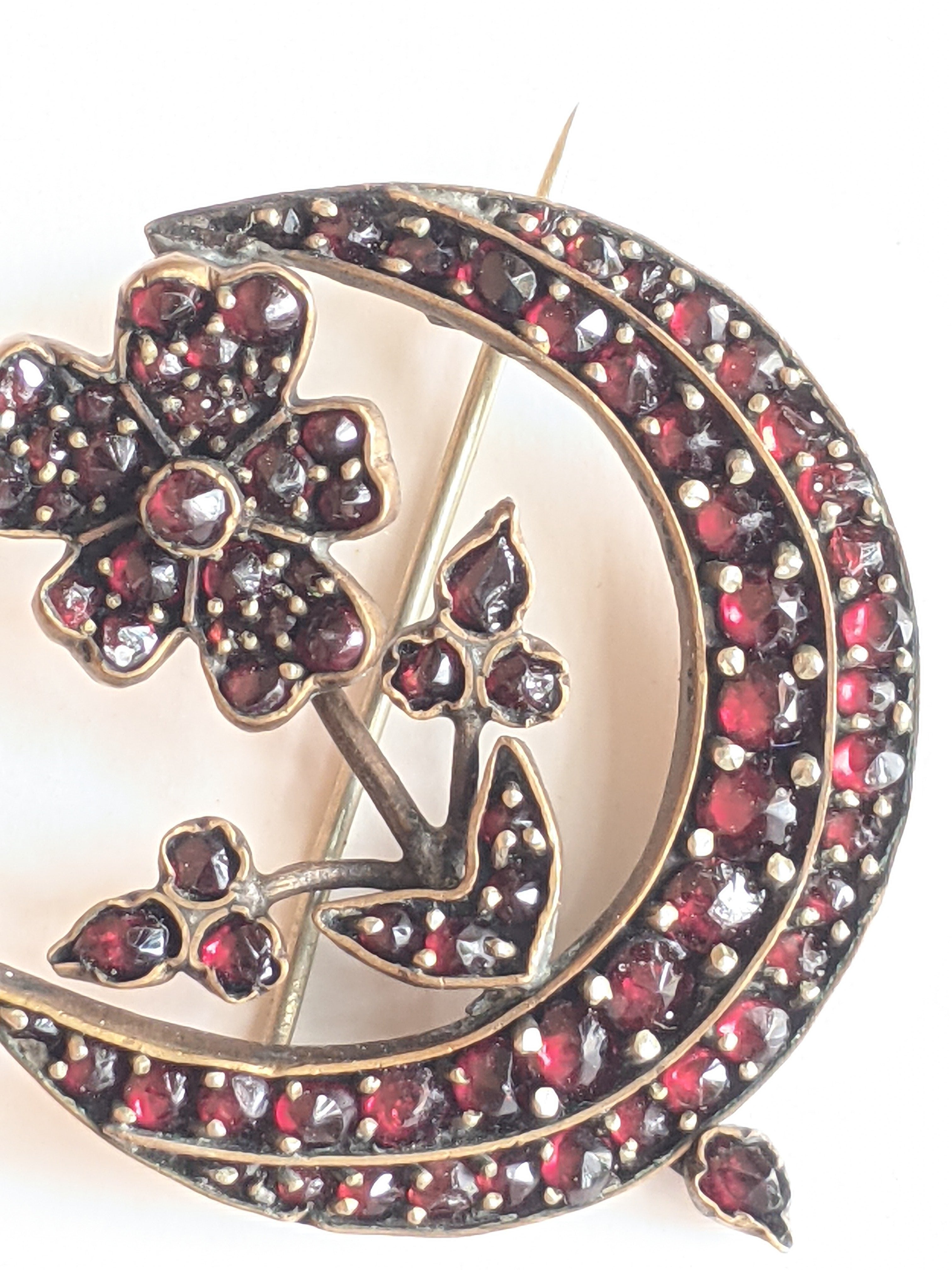 1890s Bohemian Garnet Flower Moon Brooch